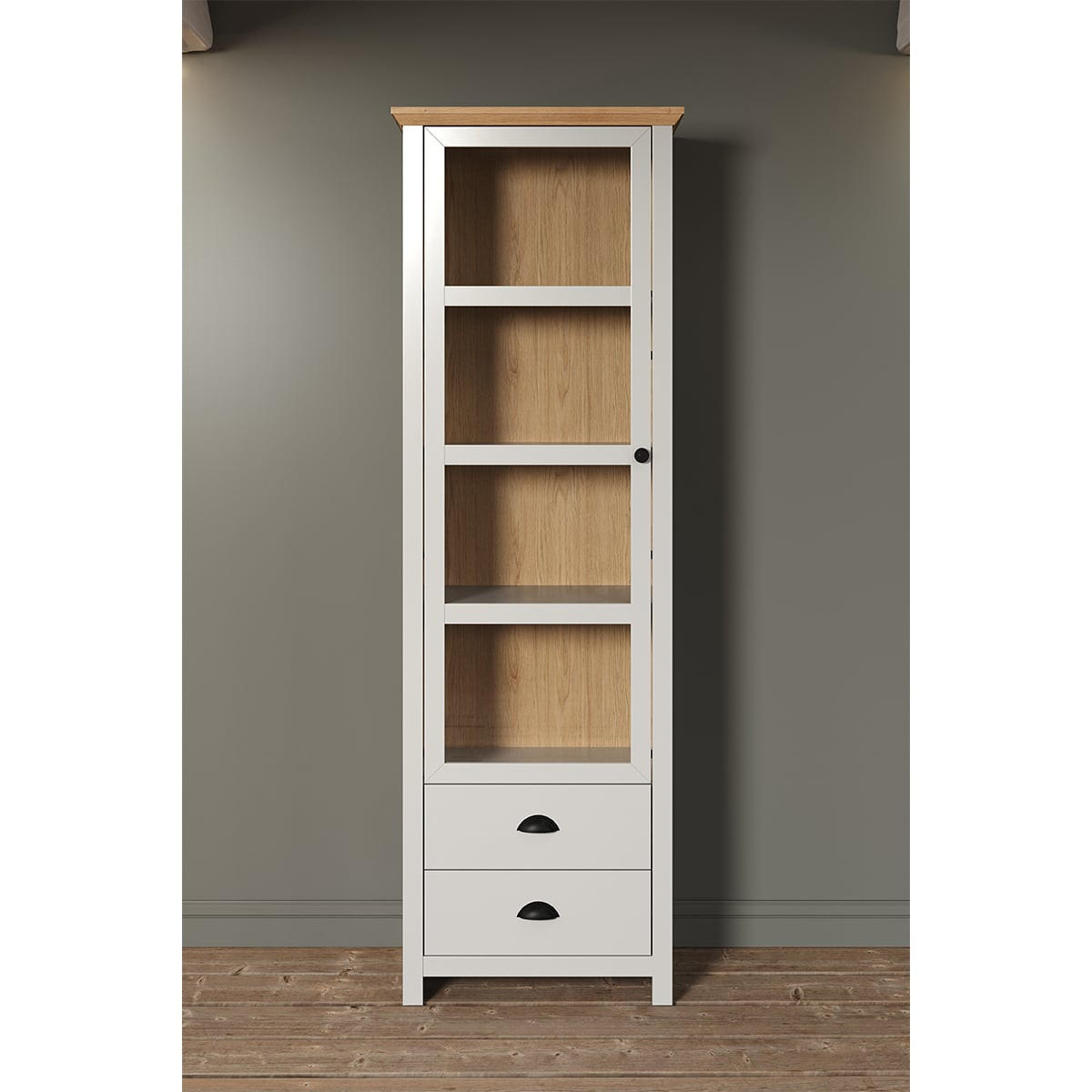 Vitrine 1 Tür mit gehärtetem Glas und 2 Schubladen B65 cm - LANDSIDE - Grau, Holzwerkstoff (65/201/41cm) - ebuy24