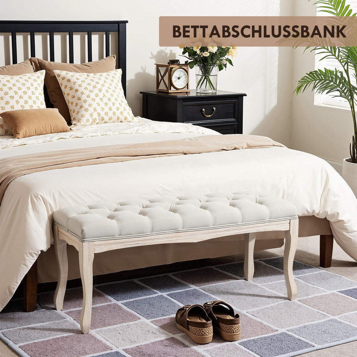 POLSTERBANK Sitzbank Truhenbank Schuhbank Vintage Gummiholz Leinen Beige - Beige, Kunststoff (40/48/110cm) - HOMCOM