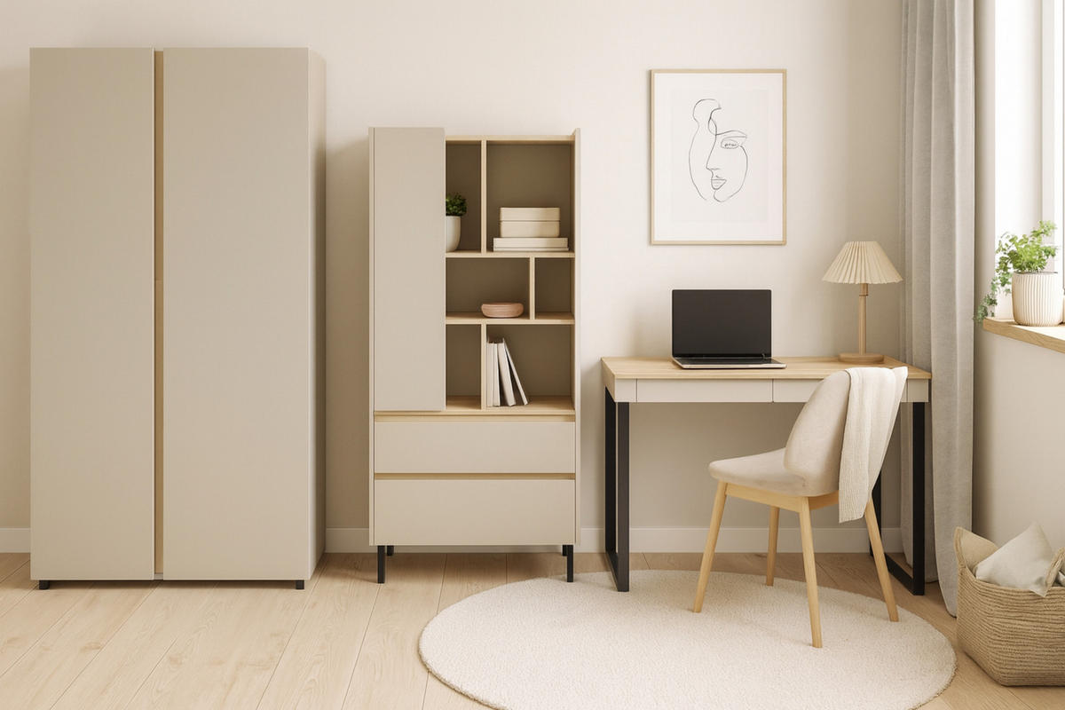 JUGENDZIMMER-SET LIBU B 3-teilig in Sandbeige / Geölte Eiche - Eichefarben/Beige, Holzwerkstoff (295/195/63cm) - Deine Möbel 24