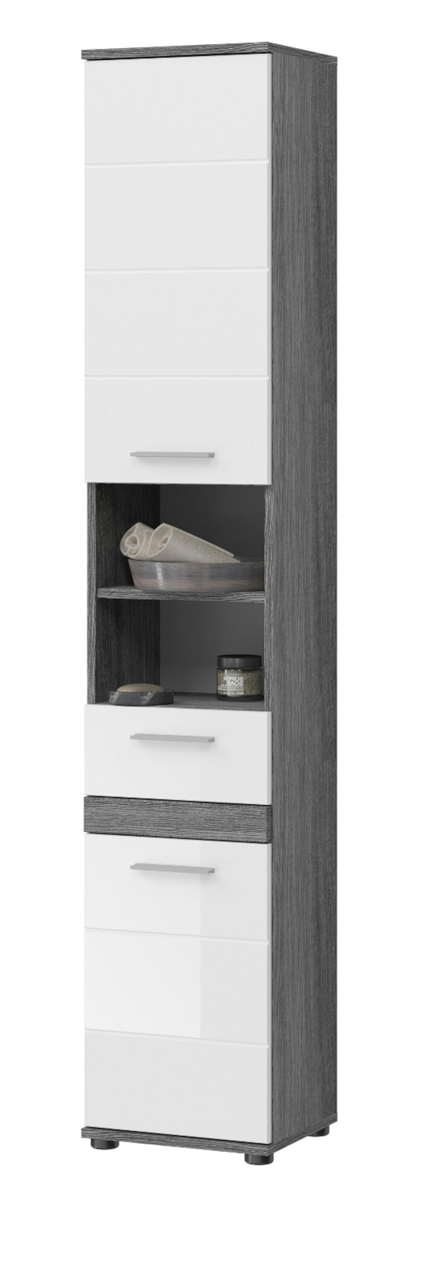 HOCHSCHRANK weiß Hochglanz, grau 35 cm, Badschrank mit 6 Fächern - Weiß Hochglanz/Silberfarben, Holzwerkstoff/Kunststoff (35/191/31cm) - Inn.Furn