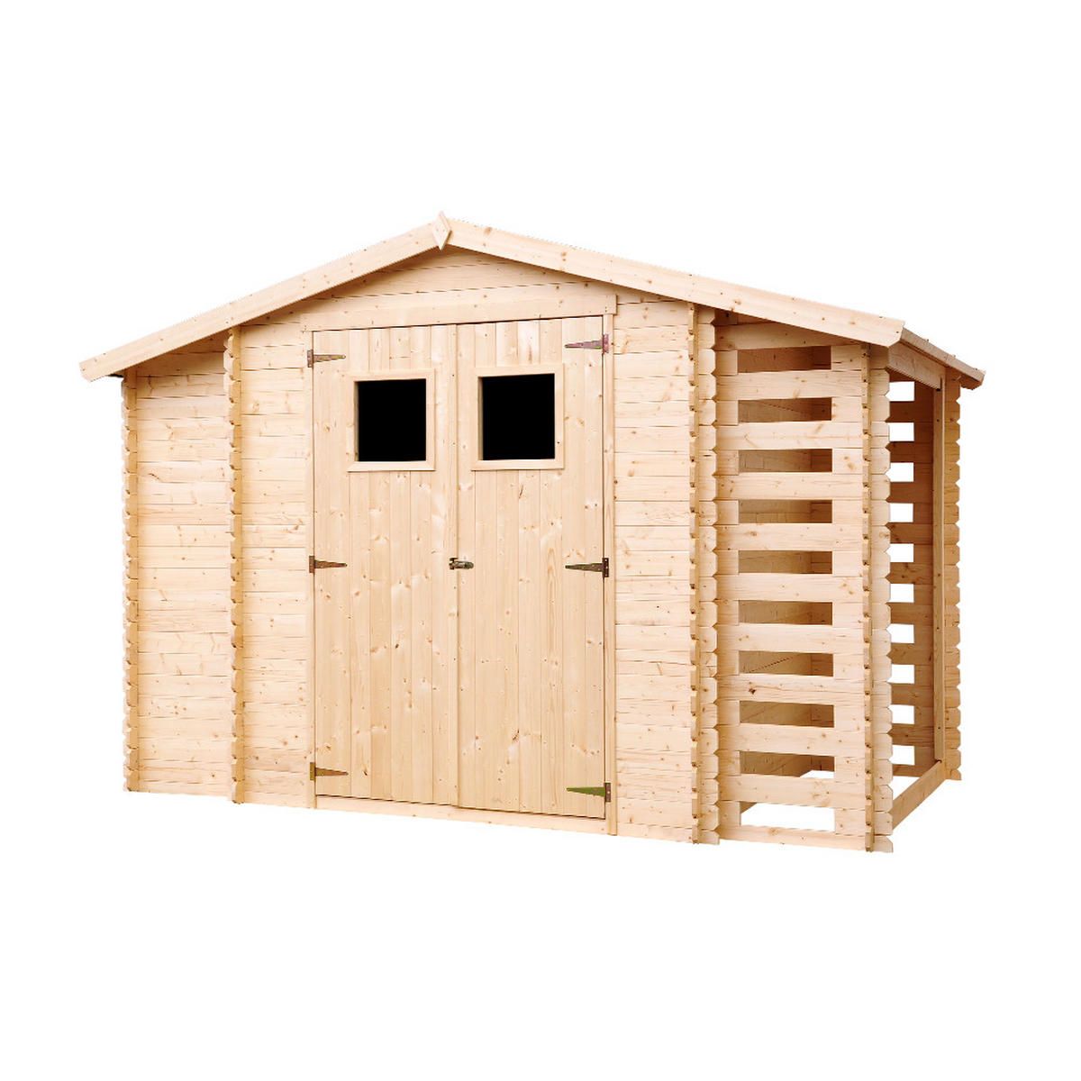 HOLZHAUS GARTENHAUS mit Brennholzschuppen M389+M389G - mit imprägniertem Boden - 3,53 + 0,97 + 0,97 m2 - Beige, Holz (328/218/206cm) - Timbela