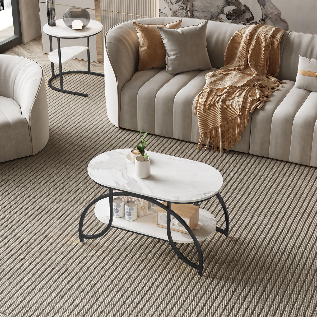 COUCHTISCH 2er Set rund Marmoroptik Metall schwarz weiß - Weiß, Holz (46/80/45cm) - LEBENLANG