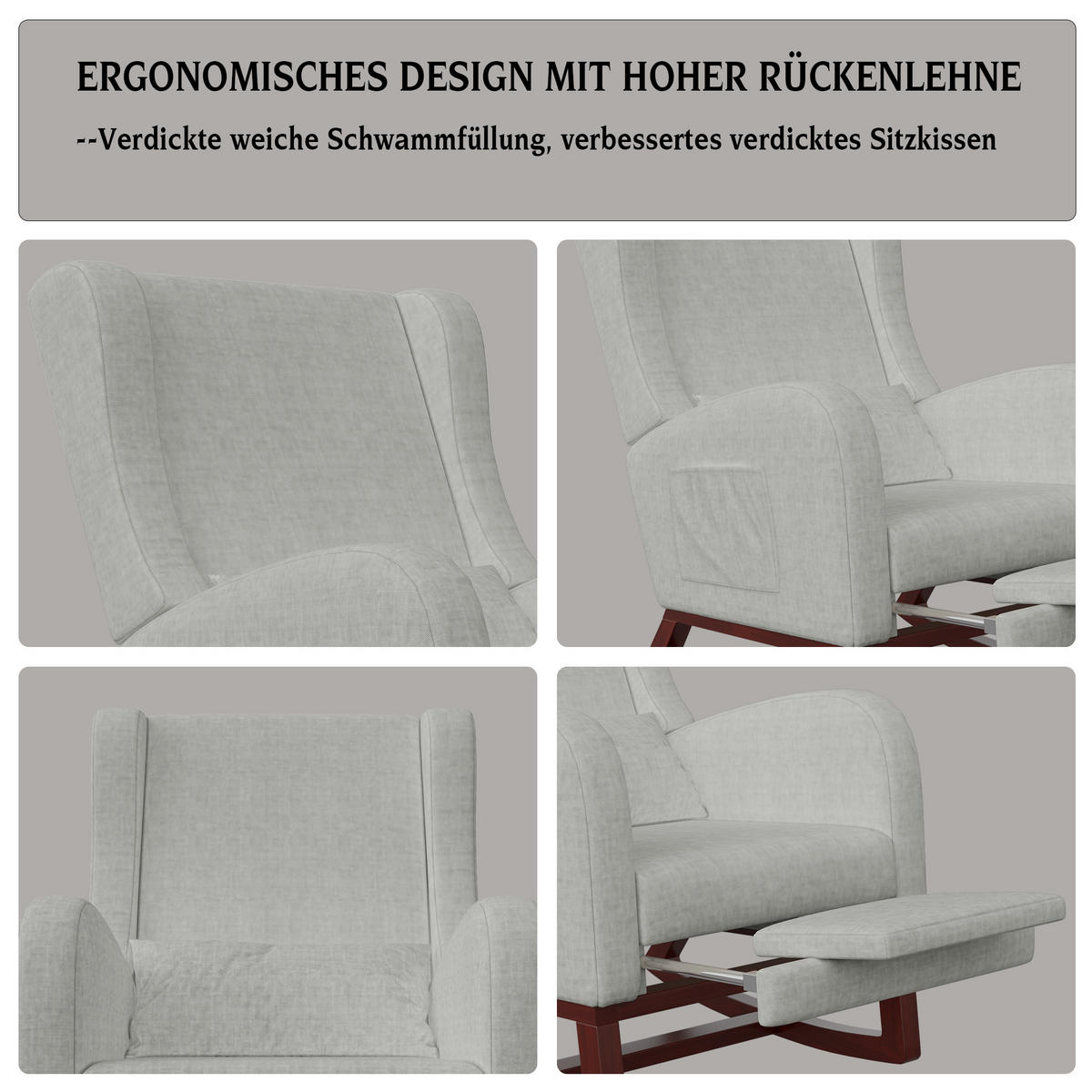 SCHAUKELSTUHL Grau mit Holzbeinen und Seitentaschen,Relaxstuhl für Wohnzimmer - Grau, Holz/Textil (64/99/67cm) - PARAFTA HOME