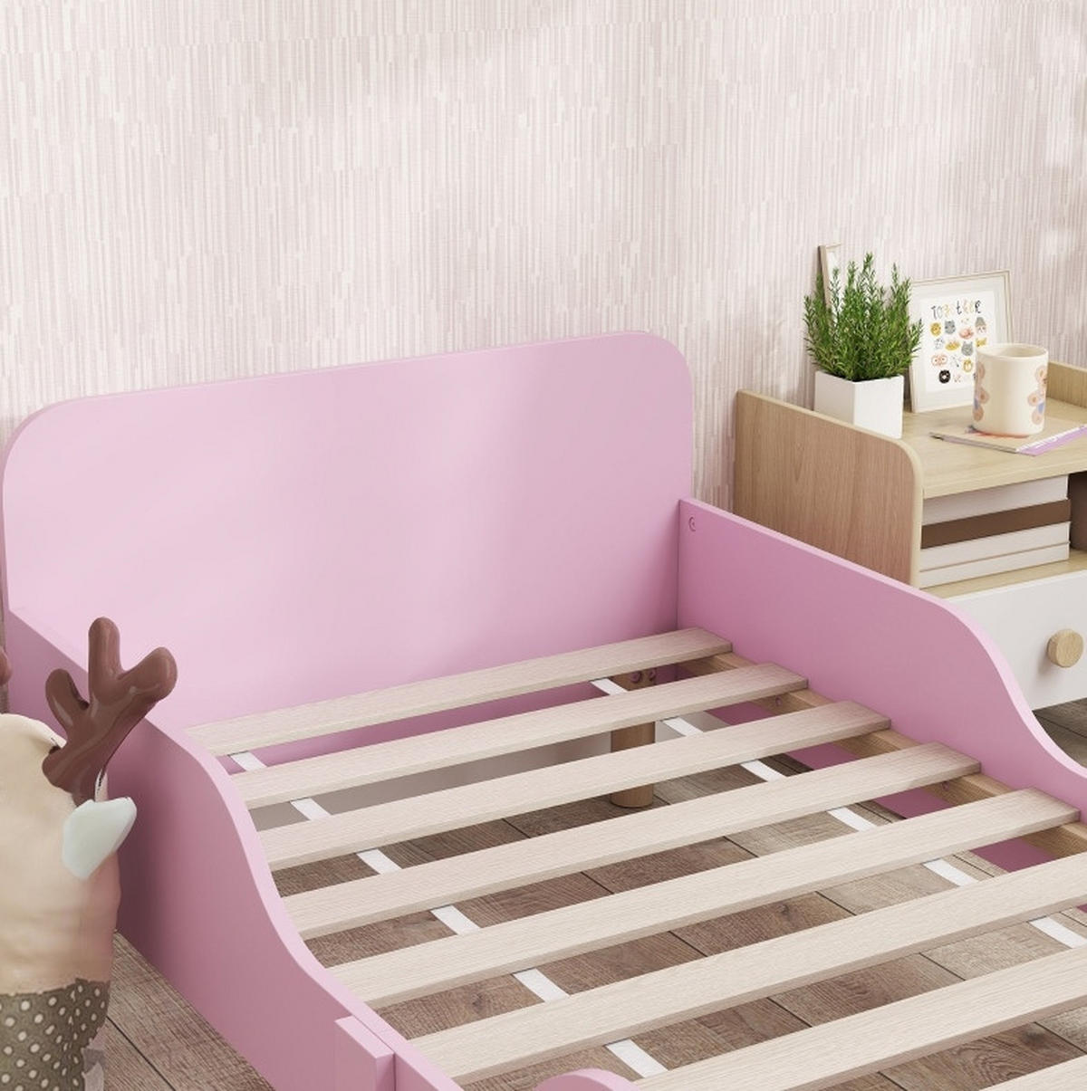 KINDERBETT 143,5/74,2/50 cm aus MDF und Kiefernholz mit Rausfallschutz Rosa - Pink, Holz (70/140cm) - Modenvie