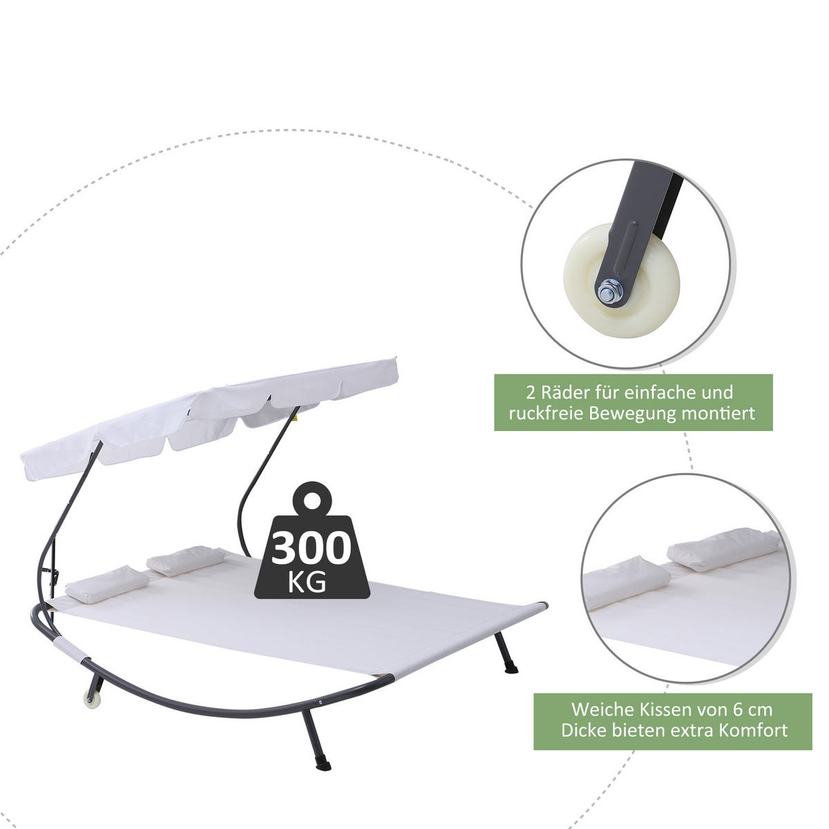 DOPPELLIEGE Sonnenliege Relaxliege rollbar mit Dach Stahl Cremeweiß - Creme, Kunststoff/Textil (175/134/200cm) - Outsunny