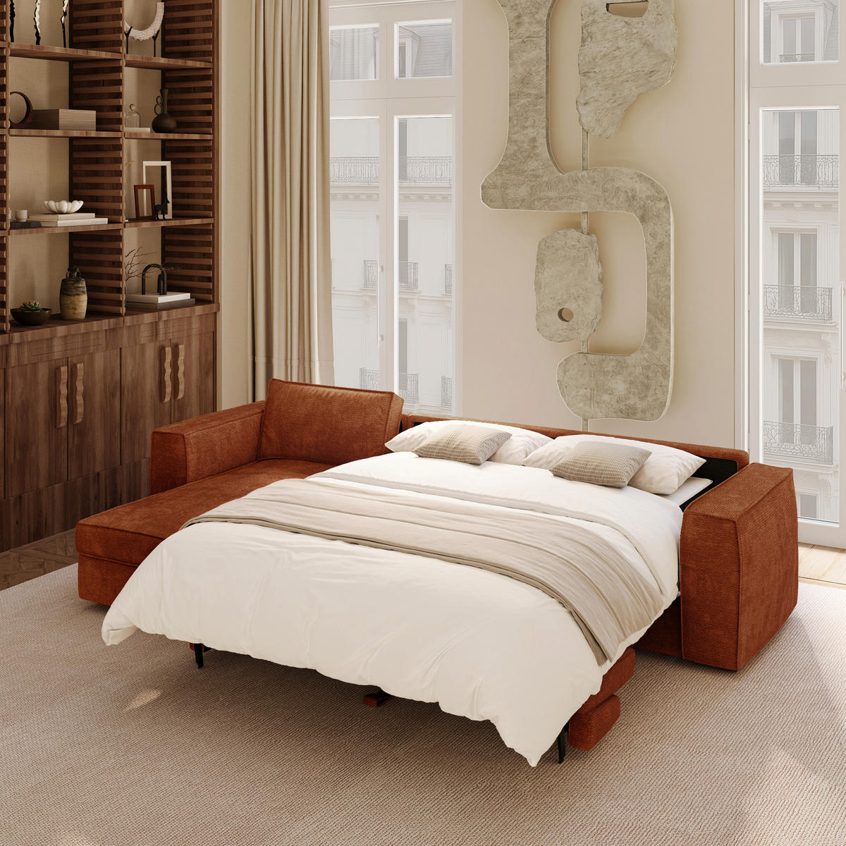 LINKSECK-SCHLAFSOFA MIKA Kettgewebe mit weichem Griff Terrakotta 292cm - Dunkelorange/Terracotta, Textil (292/100cm) - Premium Interiors