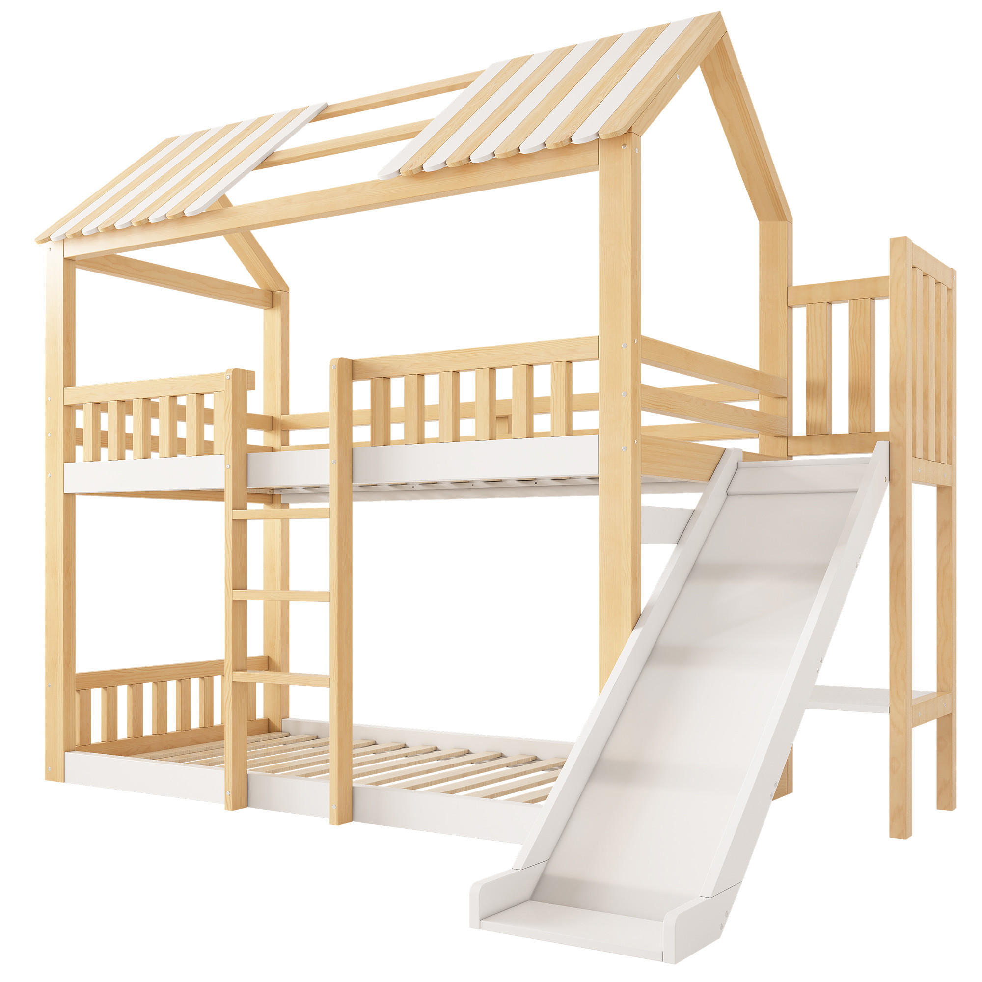 SPIELBETT 90/200 cm DE-00837, in Weiß & Natur,Rutsche und Giebeldach - Naturfarben, Holz (90/190cm) - ComfortXL