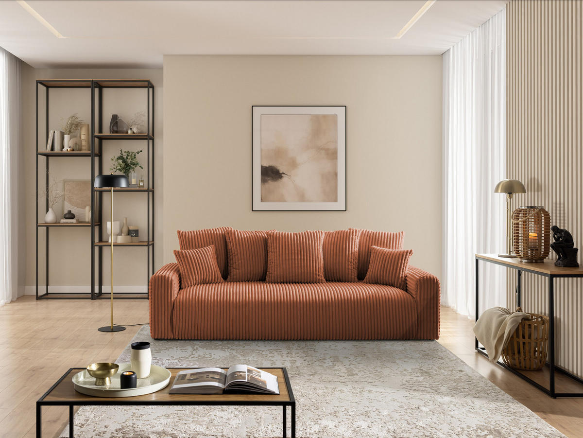 SCHLAFSOFA Calma mit Bettkasten im Bumpy-Design aus weichem Terrakotta Plüschcord - Terracotta/Schwarz, Holz/Kunststoff (239/88/98cm) - S-Style