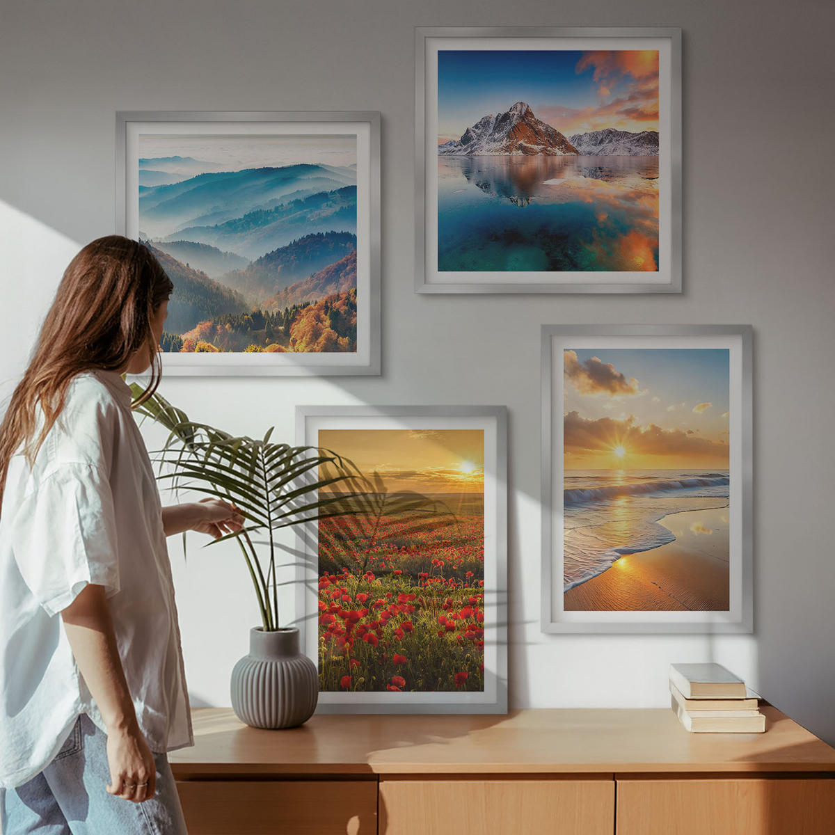 WANDBILDER 4er Set - 50x50 cm & 40x60 cm Silberner Rahmen - Landschaften aus Bergen und Meeren im Westen - Silberfarben, Kunststoff (50/50cm) - ArtPrintCave