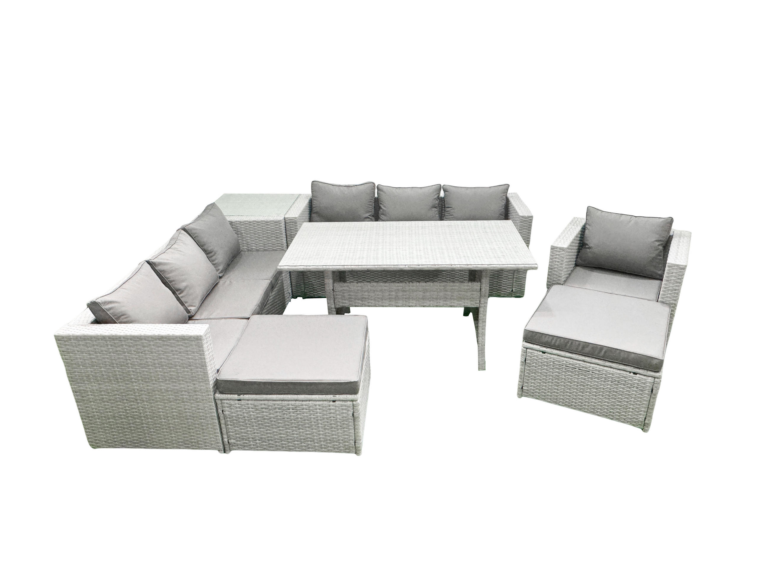 GARTENMÖBEL SET mit 3-Sitzer-Sofa und Sessel, Esstisch,2 Großer Hockern,Beistelltisch Polyrattan Hellgrau 9-Sitzer - Hellgrau/Grau, Glas/Kunststoff - Fimous