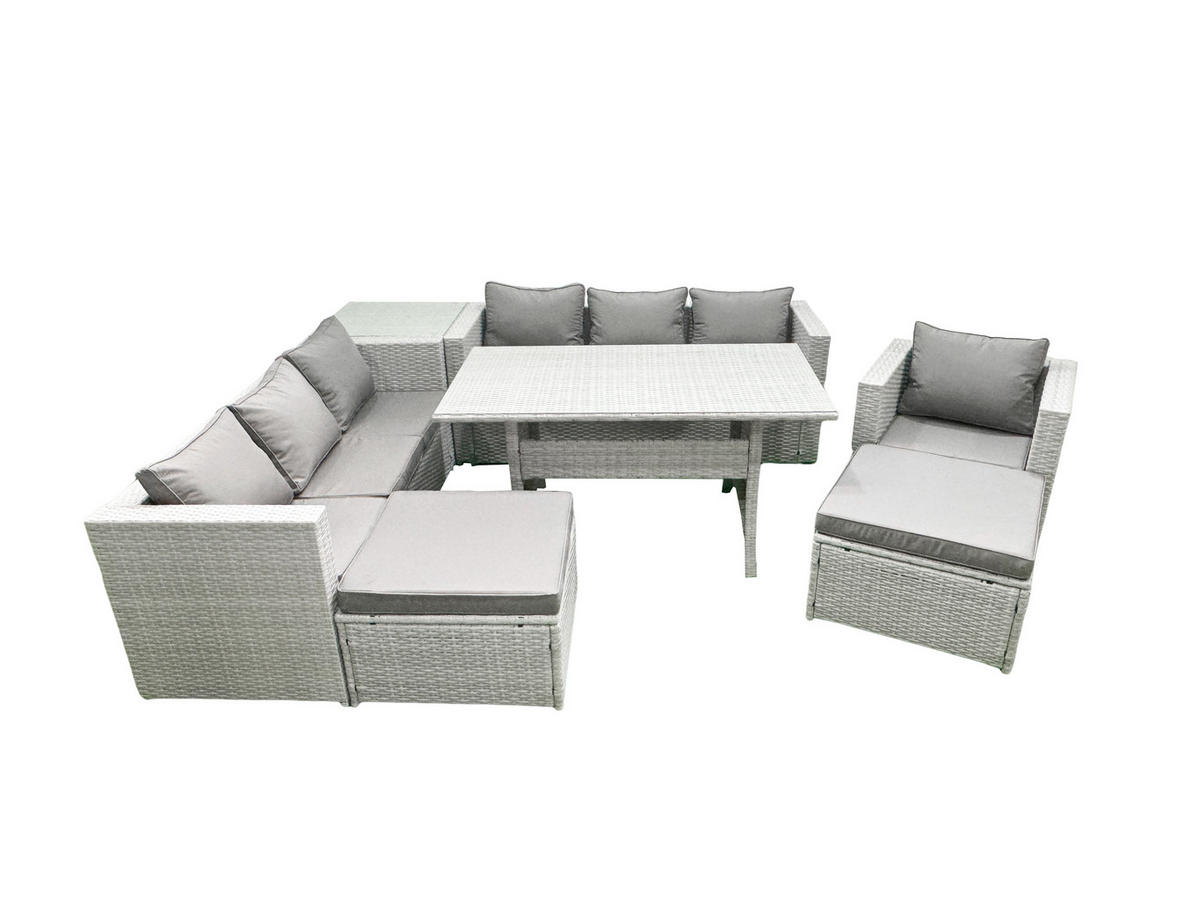 GARTENMÖBEL SET mit 3-Sitzer-Sofa und Sessel, Esstisch,2 Großer Hockern,Beistelltisch Polyrattan Hellgrau 9-Sitzer - Hellgrau/Grau, Glas/Kunststoff - Fimous