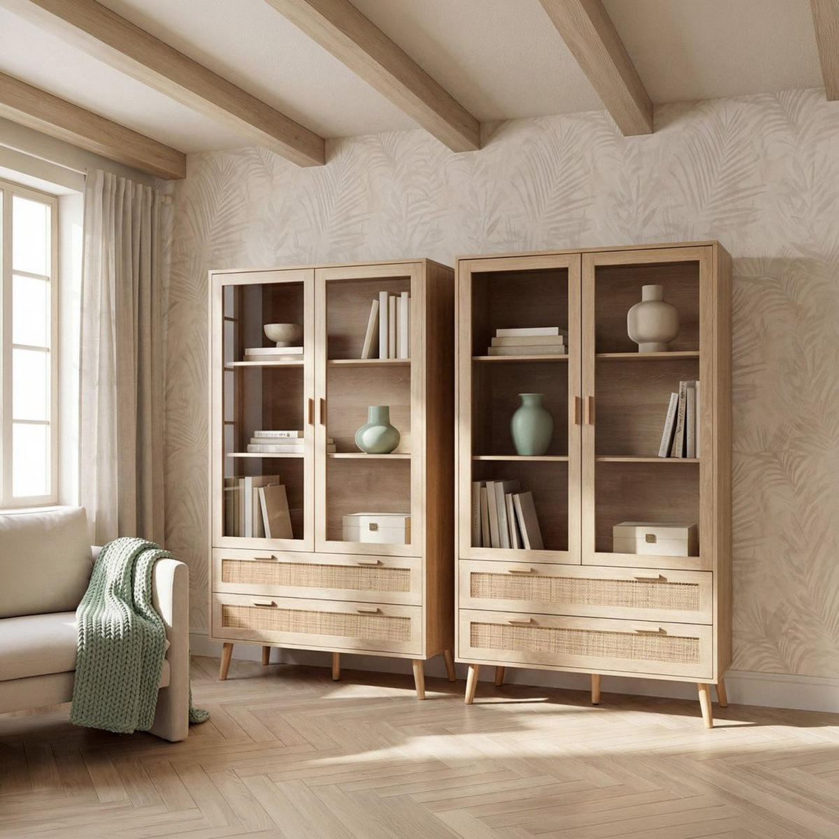 VITRINENSCHRANK DOPPELTER Tahiti Natürlich 100 cm x 170 cm - Naturfarben, Holzwerkstoff (100/170/40cm) - Klast Home
