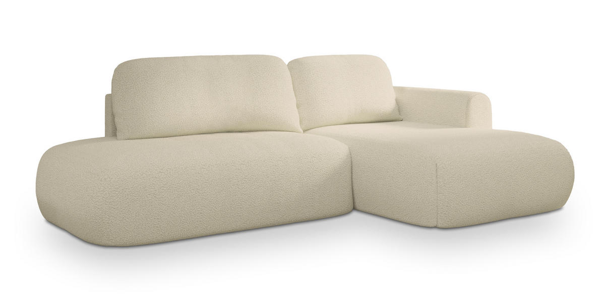 ECKSOFA NUVIRA R-S Creme Boucle-Stoff mit Schlaffunktion - Creme, Holz (274/165cm) - MASSENO