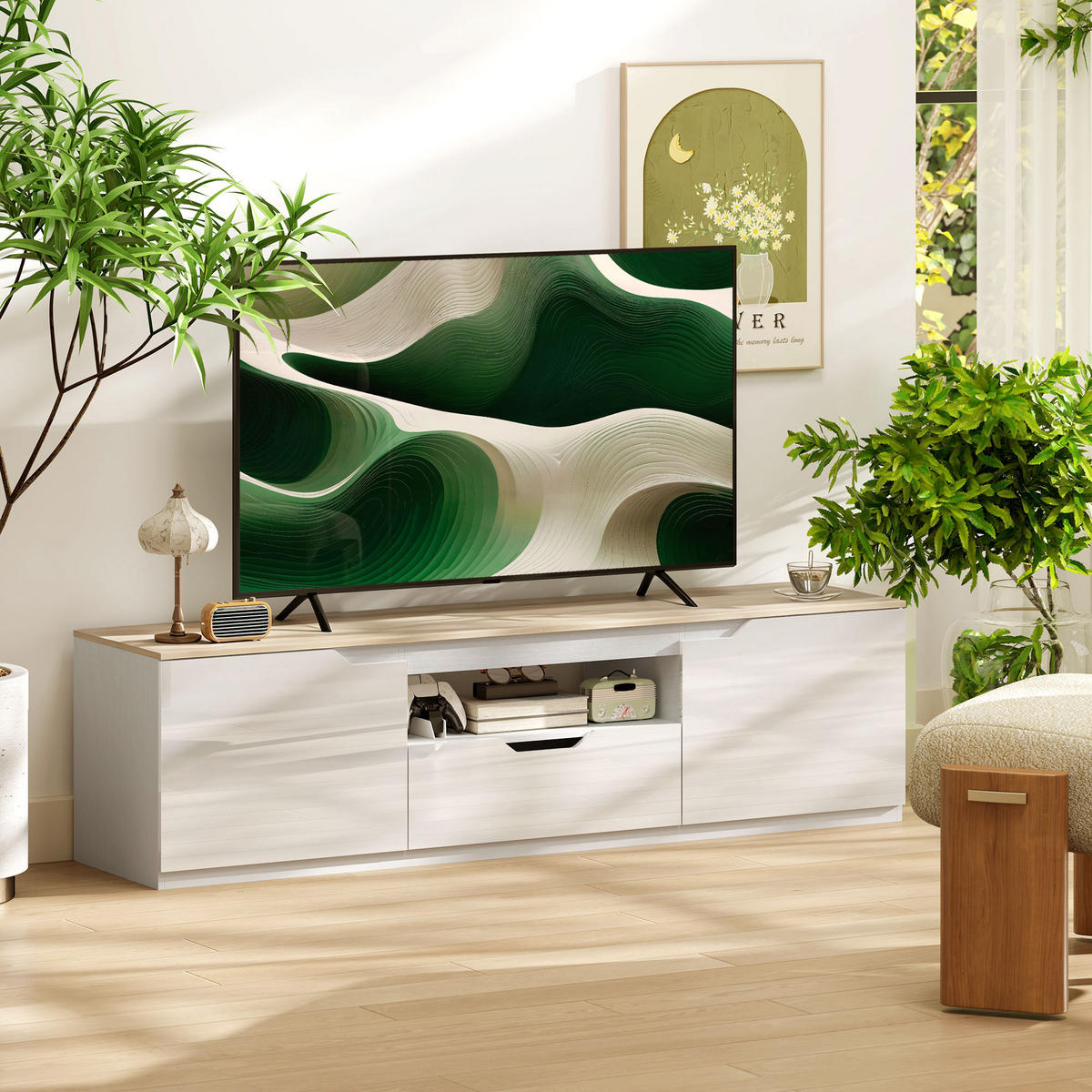 HÖGLANST TV-bänk för tv-apparater till 65 tum, 3 fack, låda, naturträ - Naturfärgad, Träbaserade material (38/43/160cm) - HOMCOM