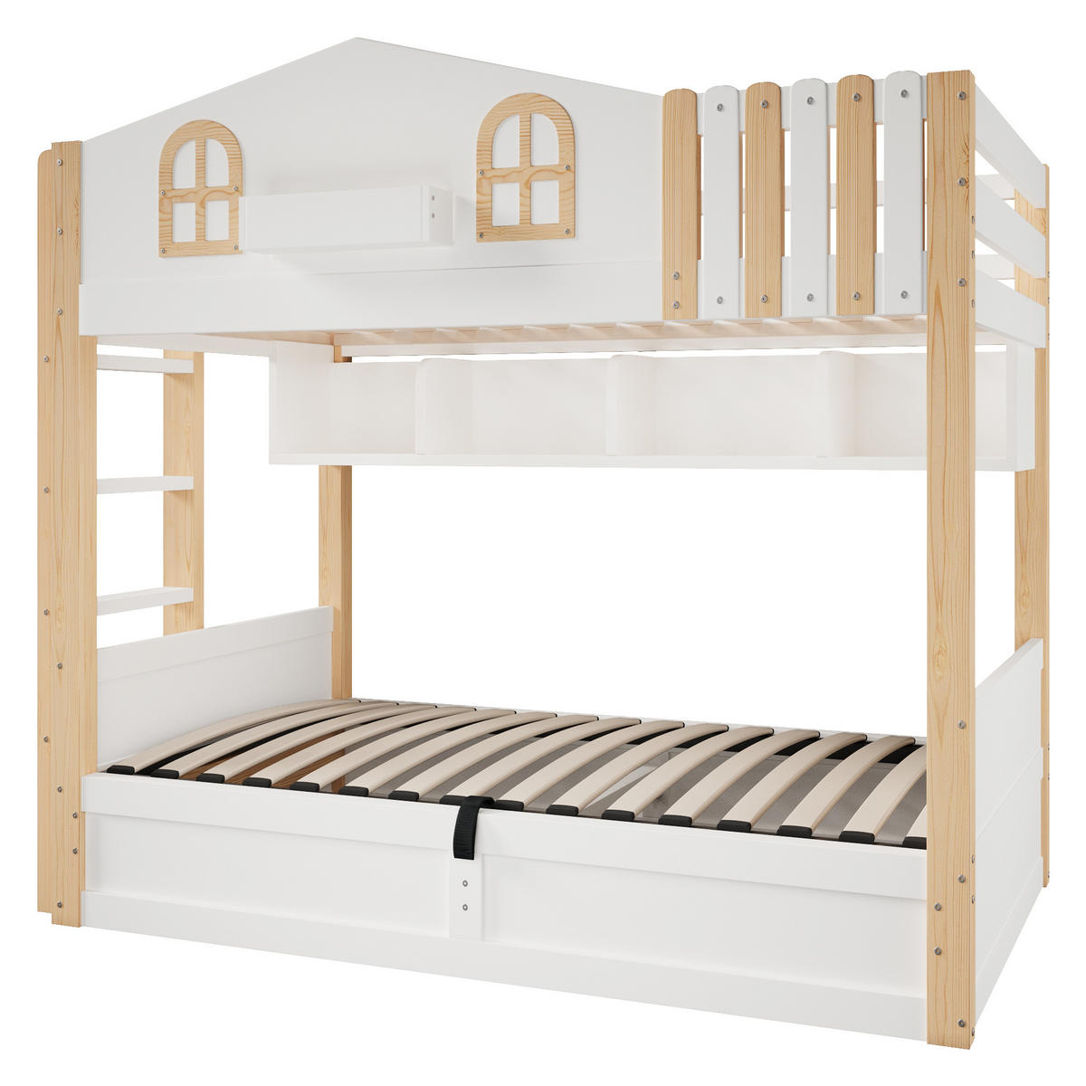 ETAGENBETT 90/200 cm Hausdesign mit Hydraulik-Stauraum und LED, DE-41987, in Weiß - Weiß, Holzwerkstoff (90/200cm) - ComfortXL