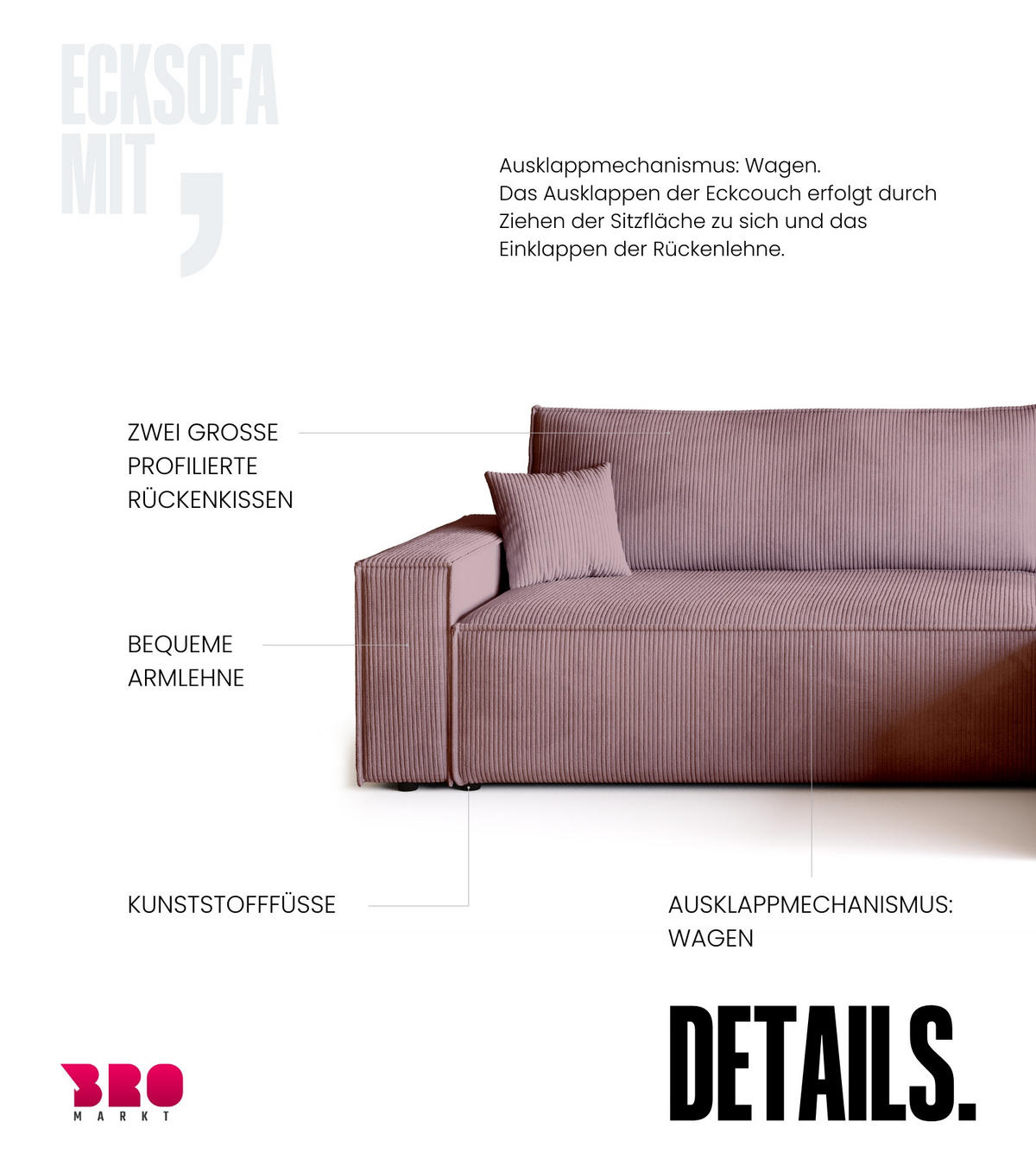 ECKSOFA ADI XL mit Schlaffunktion Puderrosa Cord - Rosa, Textil (272/143cm) - Bromarkt