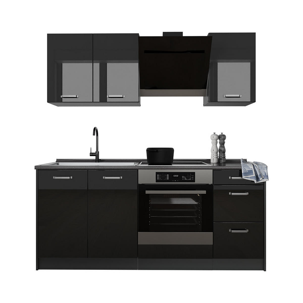 SINGLEKÜCHE R-Line, Schwarz Hochglanz/Anthrazit, 180 cm Arbeitsplatte Anthrazit - Schwarz Hochglanz/Anthrazit, Holzwerkstoff (180/206.8/60cm) - Vicco