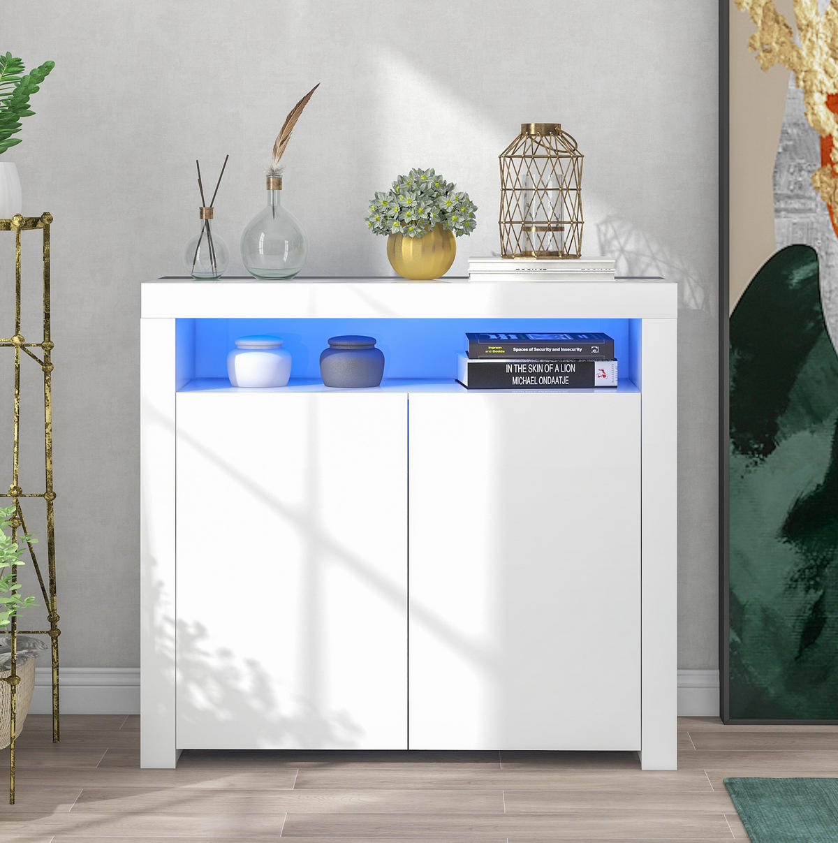 SIDEBOARD aus MDF 108x40x92 cm Weiß mit LED-Beleuchtung, USB-Anschluss und Hochglanzfront - Weiß, Holzwerkstoff (108/92/40cm) - Modfu