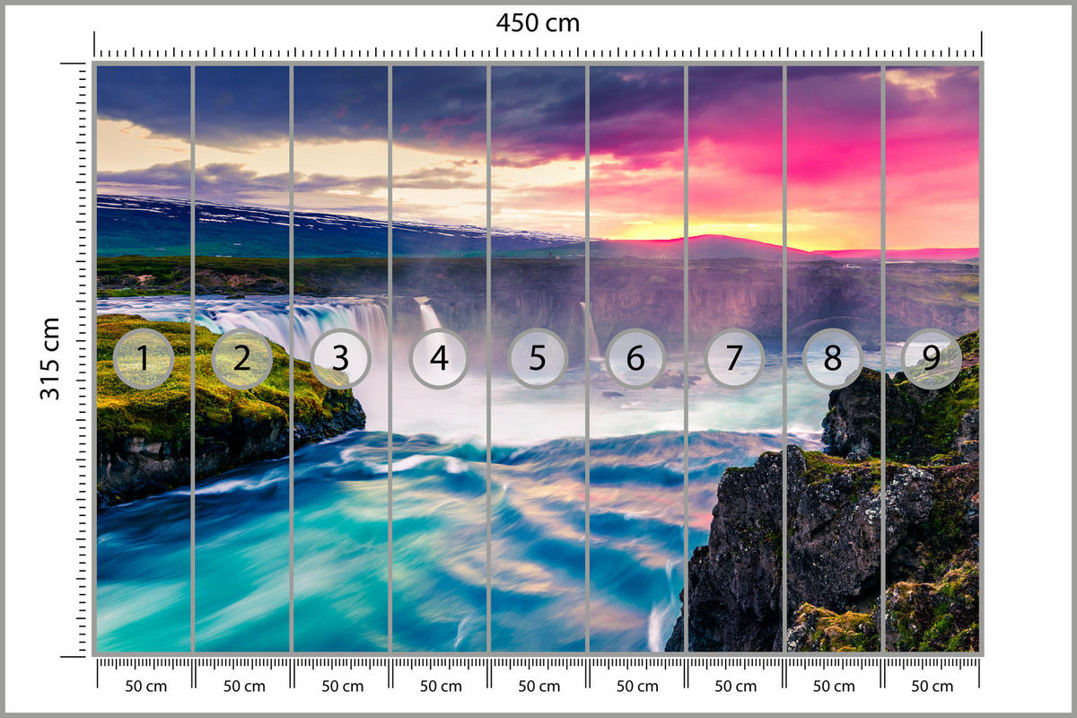 FOTOTAPETE für Esszimmer Godafoss Wasserfall Sonnenuntergang Natur 450x315 - Multicolor, Papier (450/315cm) - Muralo