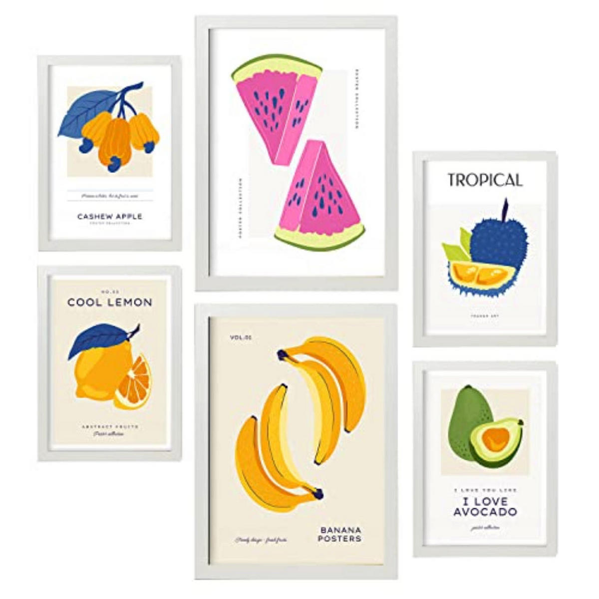POSTER Set Mit 6 Lebensmittel Und Ernährungs Bunte Früchte Natur Und Ernährungs Für Innenarchitektur A3 & A4 Weißer Rahmen - Weiß, Papier (29/3cm) - Nacnic