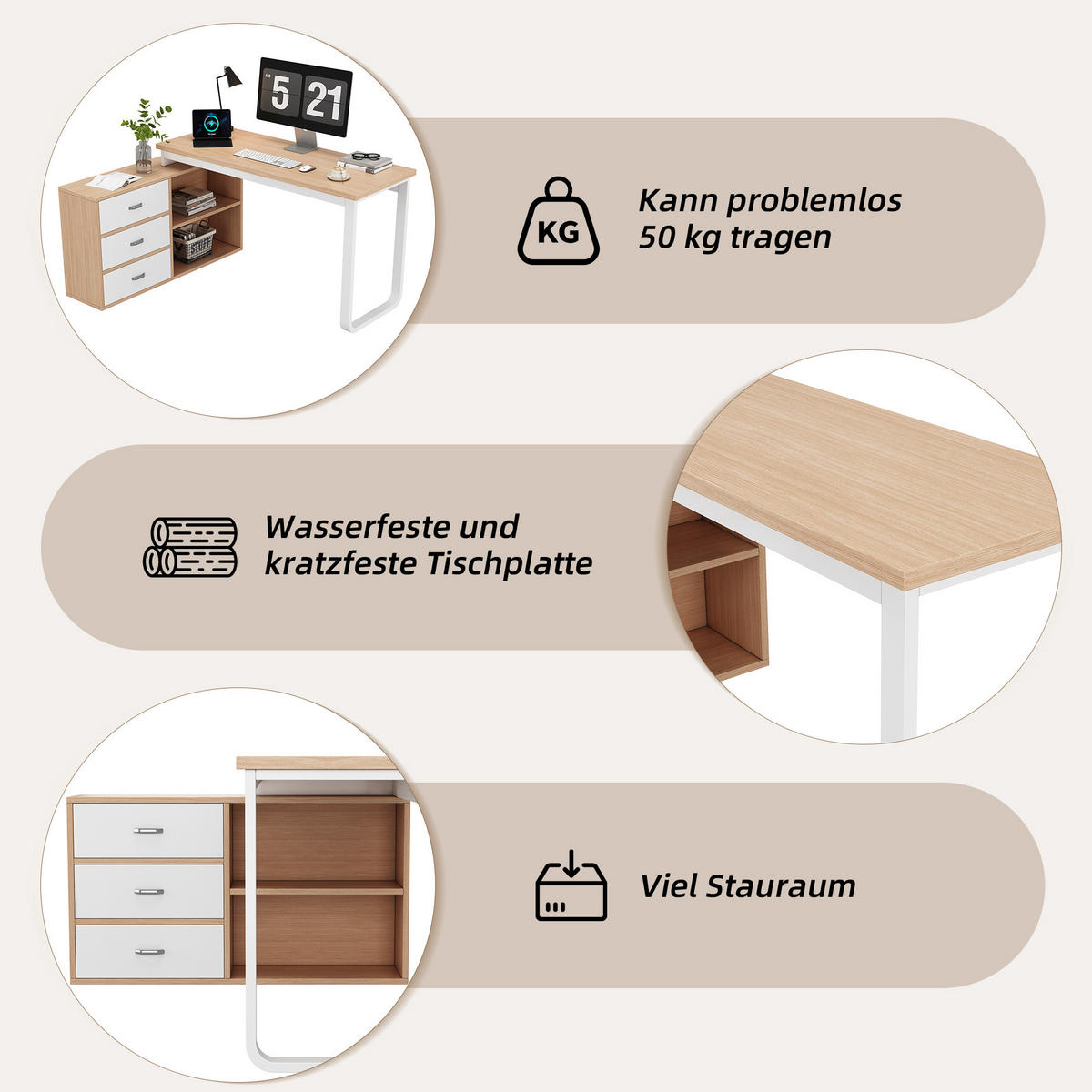 BÜROSCHREIBTISCH in natur & weiß mit stahlgestell, 3 schubladen & 2 offenen fächern - Naturfarben, Holzwerkstoff (100/147/75.3cm) - Urban Meuble