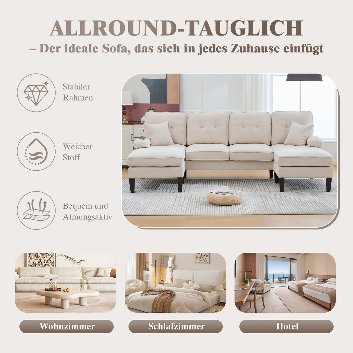 WOHNLANDSCHAFT 4-Sitzer Leinen Beige mit USB, Type-C und Seitentaschen - Beige, Textil (250/88/130cm) - WISHDOR
