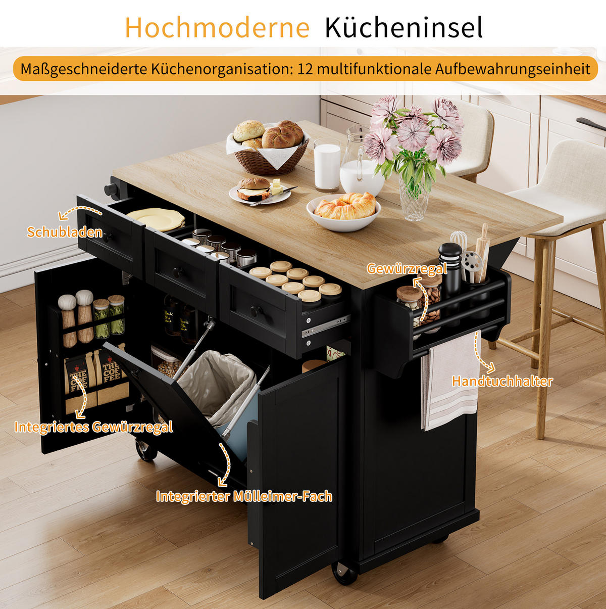 KÜCHENINSEL 112/92,7/46,2-76,2 cm Schwarz/Natur aus MDF mit ausziehbarer Arbeitsplatte - Schwarz, Holzwerkstoff (46.2/92.7/131.2cm) - OKMYHOME