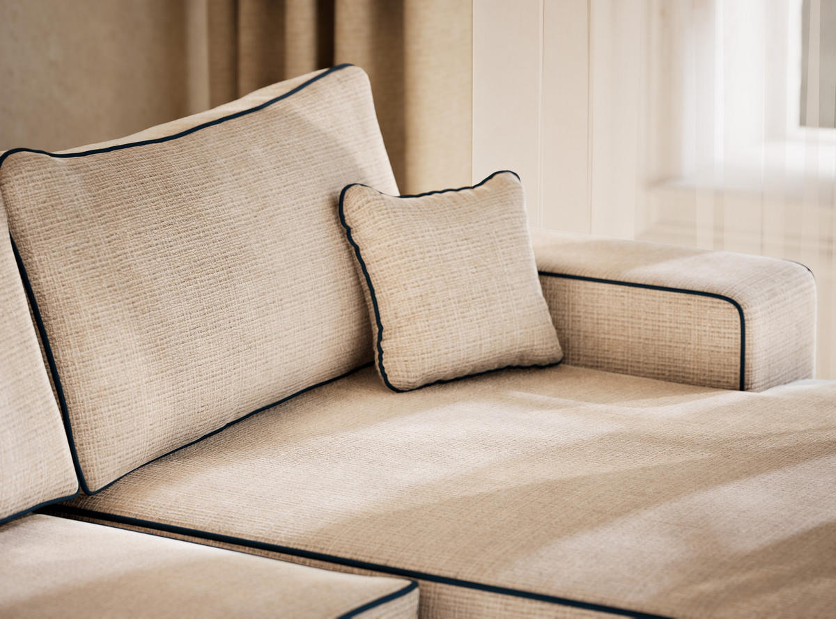 WOHNLANDSCHAFT Deseo Creme-Dunkelblau Chenille-Stoff - Creme/Schwarz, Holz/Holzwerkstoff (398/70/148cm) - Maison de Reve