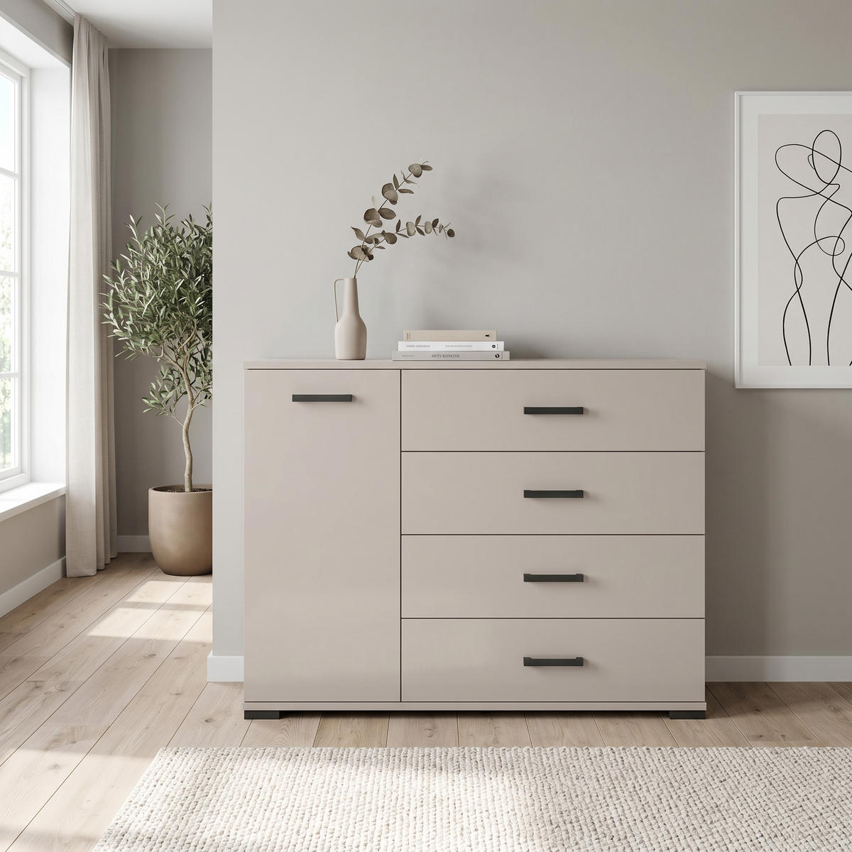 KOMMODE ALBANO 120/83/40cm mit 4 Schubladen 1 Türen Kaschmir - Kaschmir, Holzwerkstoff (120/83/40cm) - MASSENO