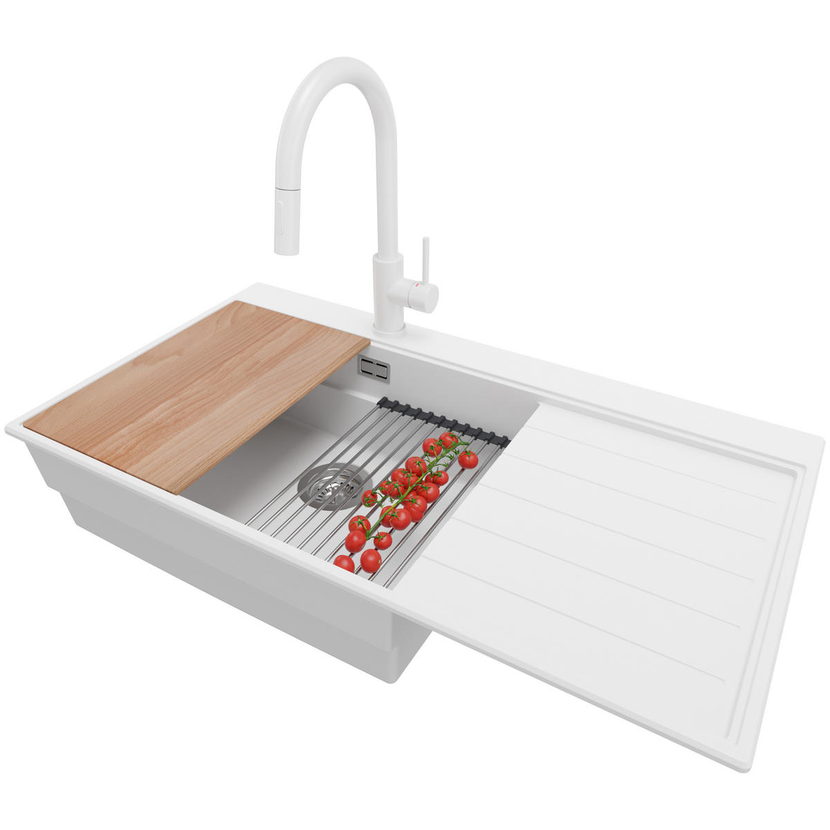 GRANITSPÜLE Sydney, 2-er set Weiß 90/50 cm 1 Becken + Küchenarmatur 40/20 cm + Ablauf-Set + Küchenzubehörset ab 60er Unterschrank - Chromfarben/Beige, Kunststoff (90/20/50cm) - Primagran