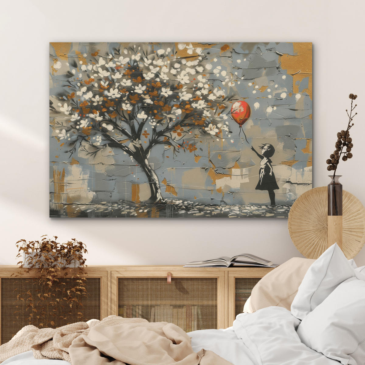 AKUSTIKBILD Baum - Graffiti - Banksy-Stil - Ballon-Mädchen Akustikpaneele 90x60 cm - Blaugrau, Kunststoff (90/60/0.9cm) - MuchoWow