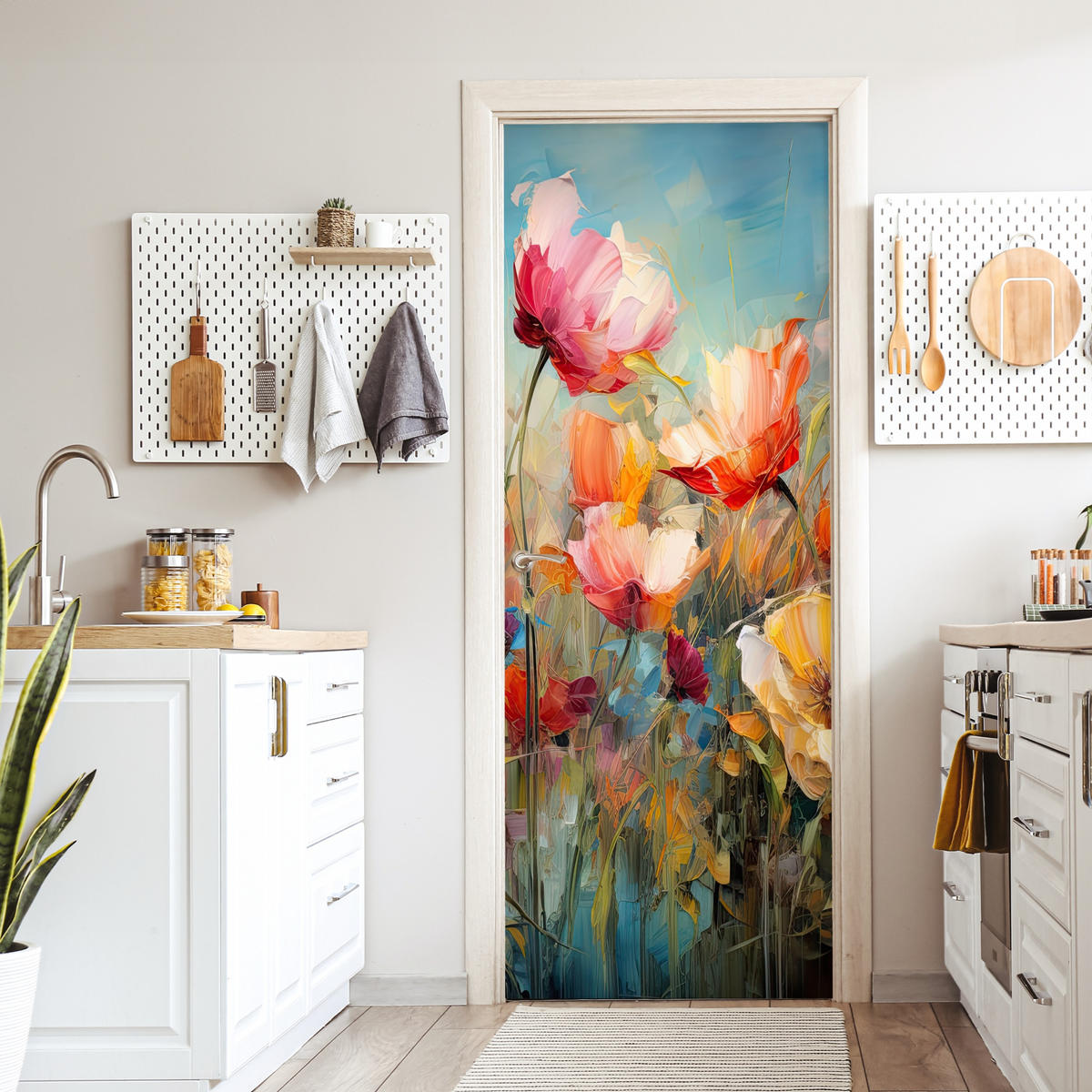NÁLEPKA NA DVERE Kvety - Akvarel - Umenie - Botanické - Príroda 80x215 cm - oranžová, plast (80/0.1cm) - MuchoWow