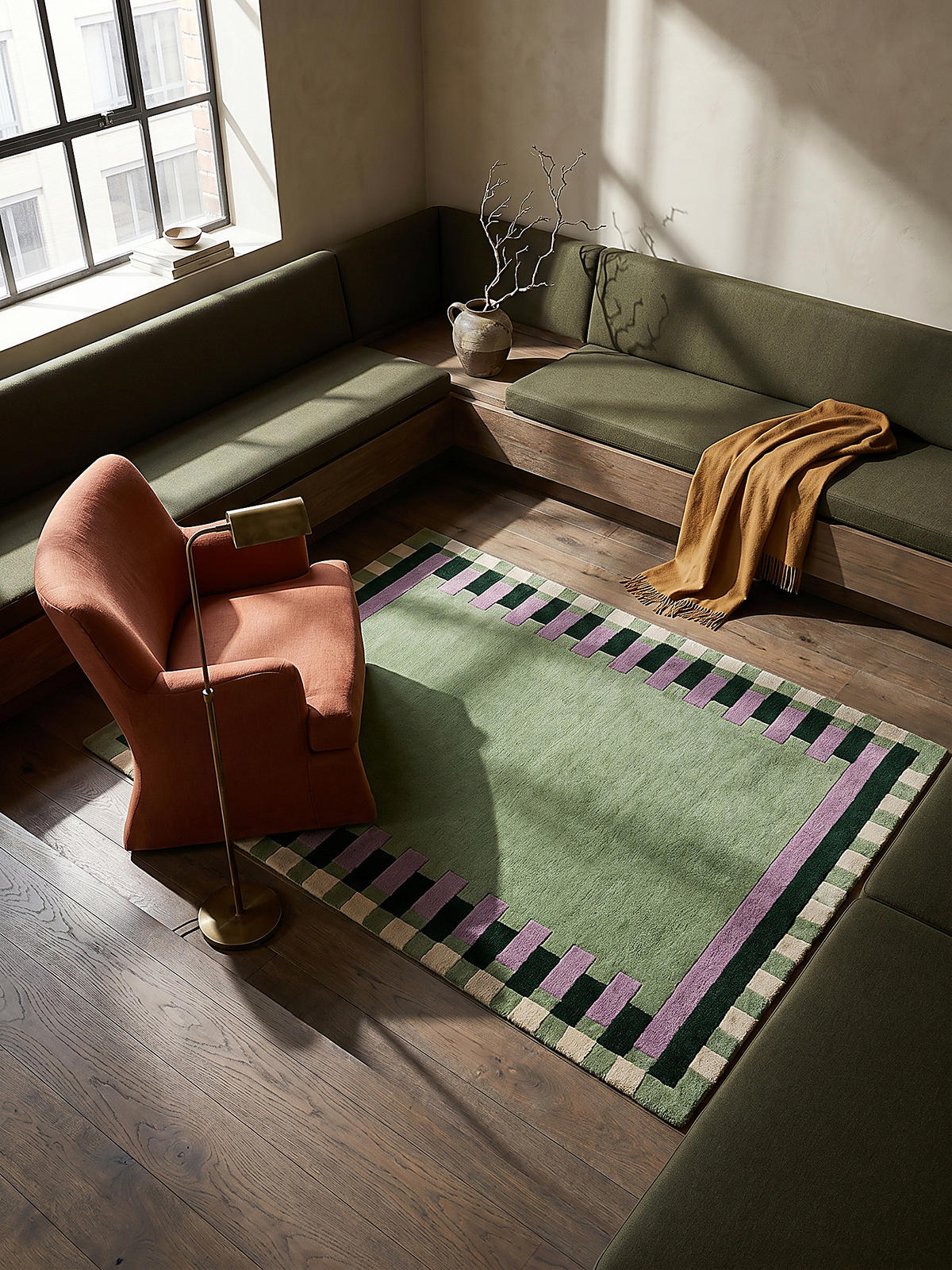 WOLLTEPPICH Geometrisches Muster, Rahmen, Wohnzimmer schmutzabweisend Grün-Lila Rechteckig 160x230 - Grün, Textil (230/160cm) - KADIMA DESIGN