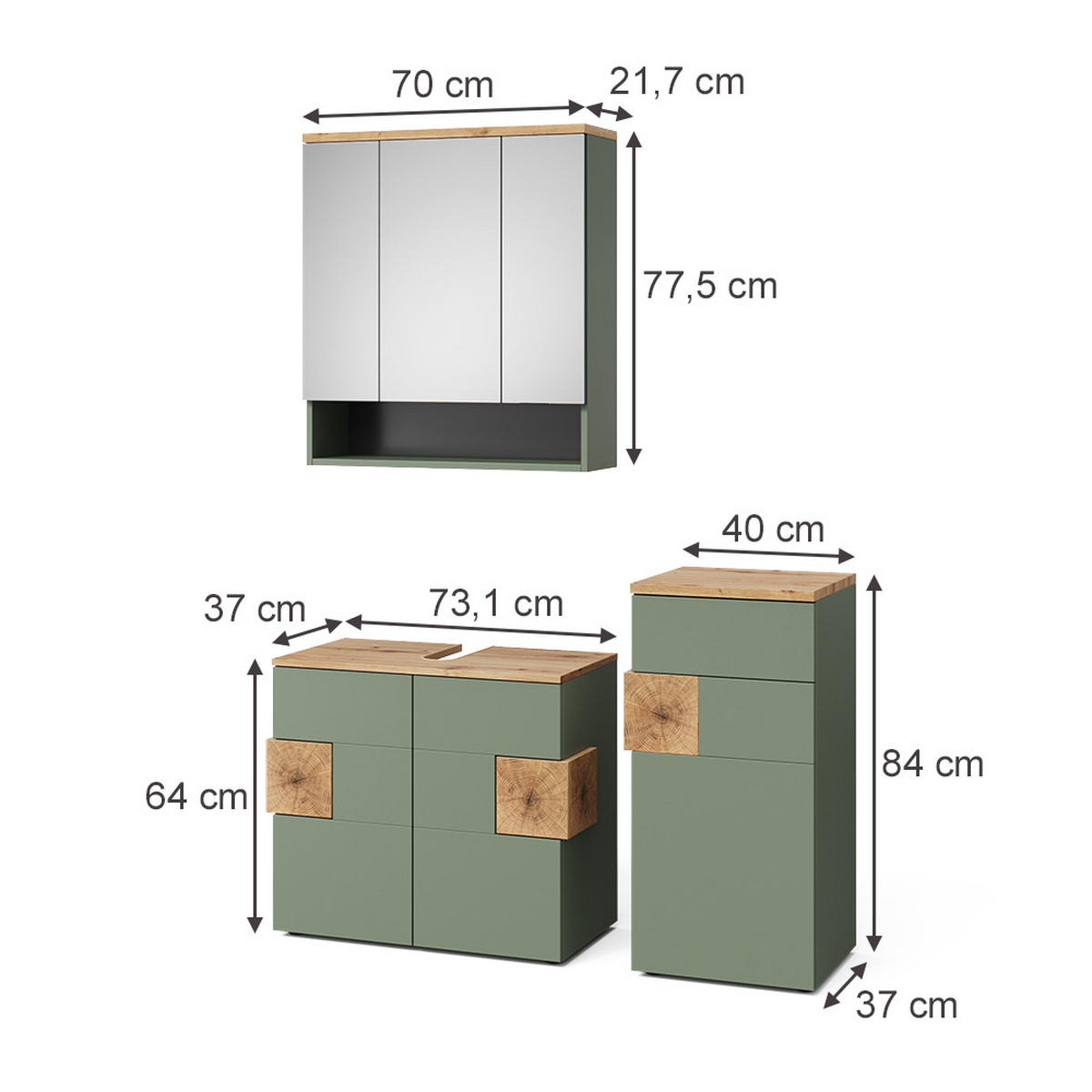 BADMÖBEL-SET Eden Grün/Artisan 3 Teile - Hellgrau/Grün, Holzwerkstoff (73/64/37cm) - Vicco