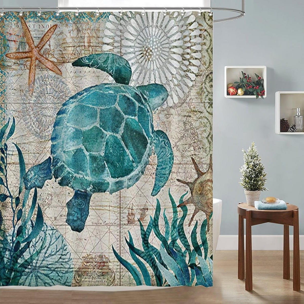 DUSCHVORHANG nautisch Vintage Muster Schildkröte Blau Petrol fürs Badezimmer 180 cm - Multicolor, Textil (120/180cm) - MCBOSON