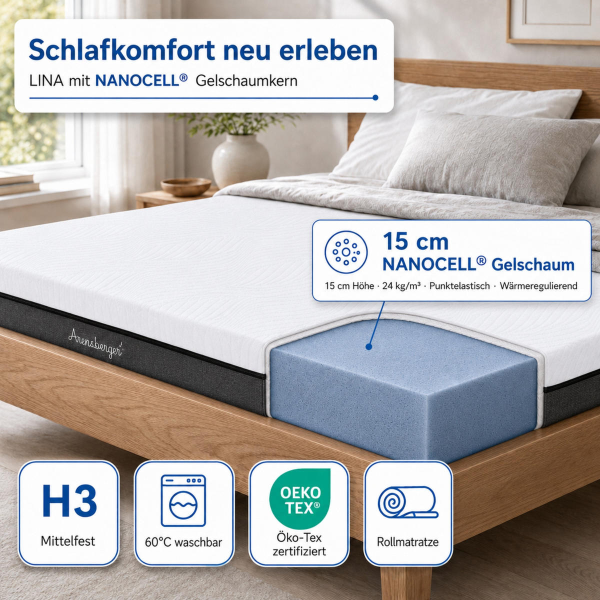 GEL-MATRATZE SARA, Höhe 16cm, 180x200cm - Weiß, Textil (180/200cm) - Arensberger
