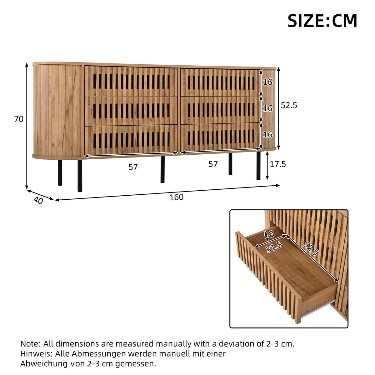 PŘÍBORNÍK Přírodní se 6 zásuvkami, 160 × 40 × 70 cm - přírodní, kompozitní dřevo (160/70/40cm) - Urban Meuble