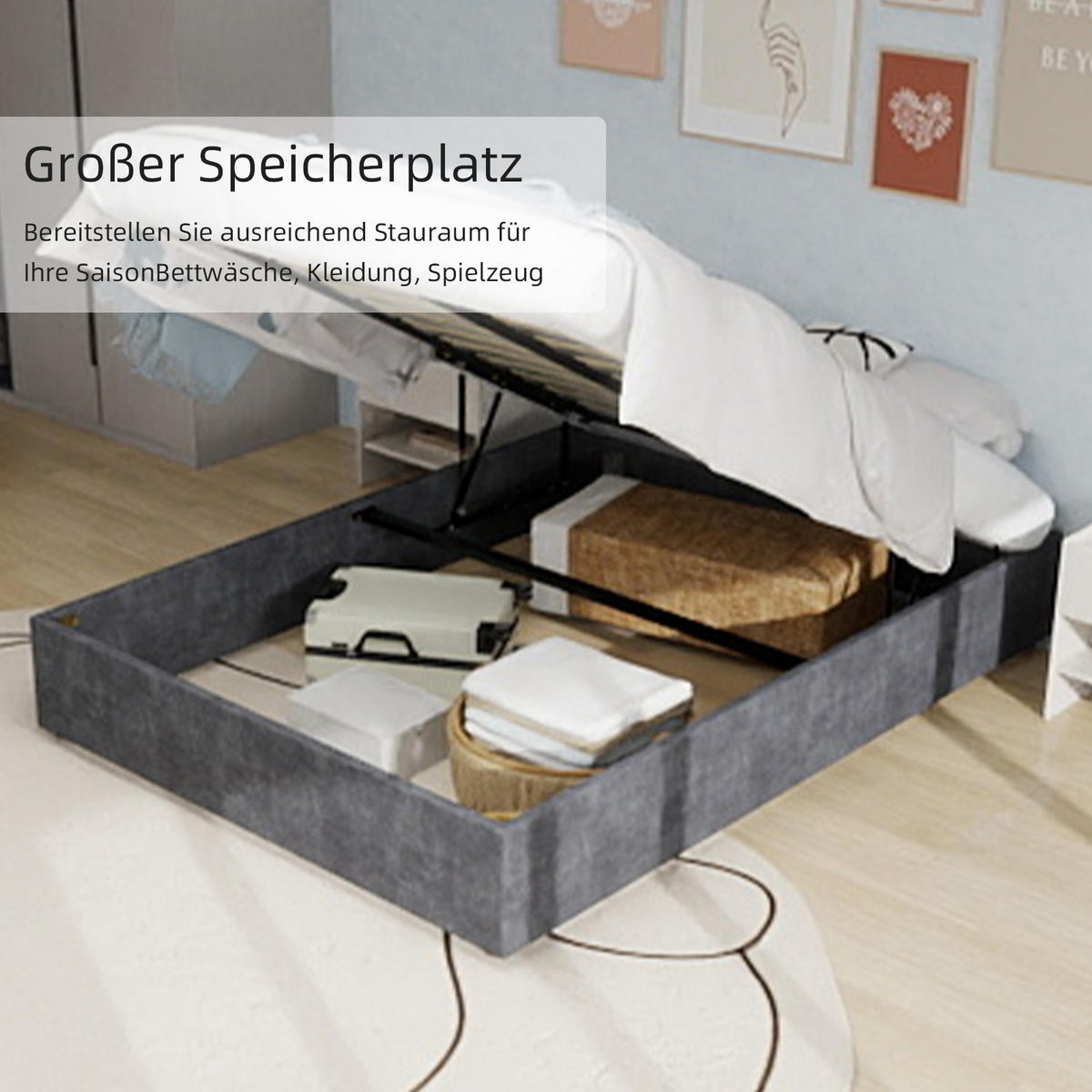 POLSTERBETT 160x200 cm Samt Stauraum hydraulisch grau - Grau, Textil (160/200cm) - LEBENLANG