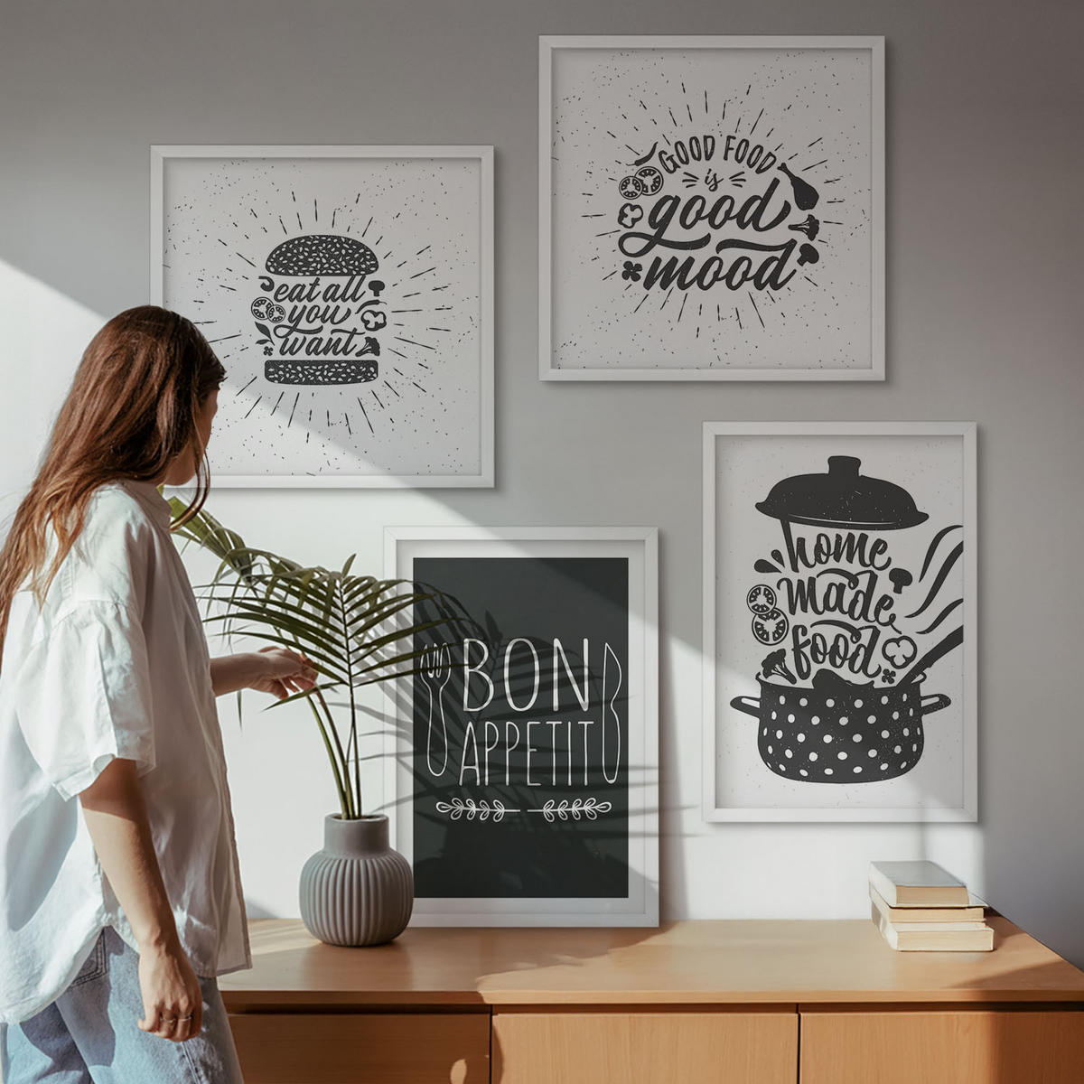 BILDER SET 4er Set - 50x50 cm & 40x60 cm Weißer Rahmen - Grafiken, Lebensmittel, kulinarische Slogans - Weiß, Kunststoff (50/50cm) - TULUP