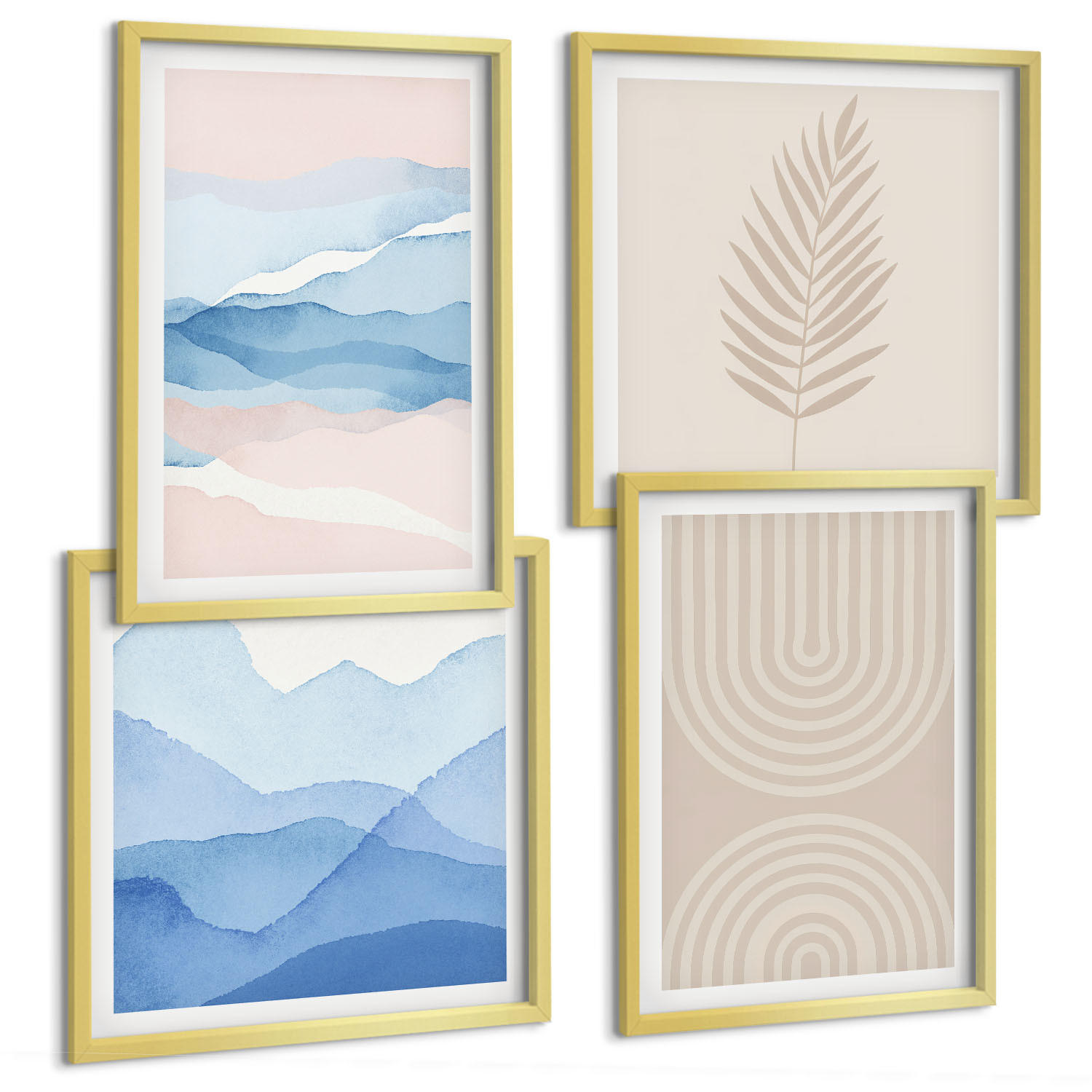 BILDER SET 4er Set - 50x50 cm & 40x60 cm Goldrahmen - Blätterwellen beige blau - Goldfarben, Kunststoff (50/50cm) - TULUP