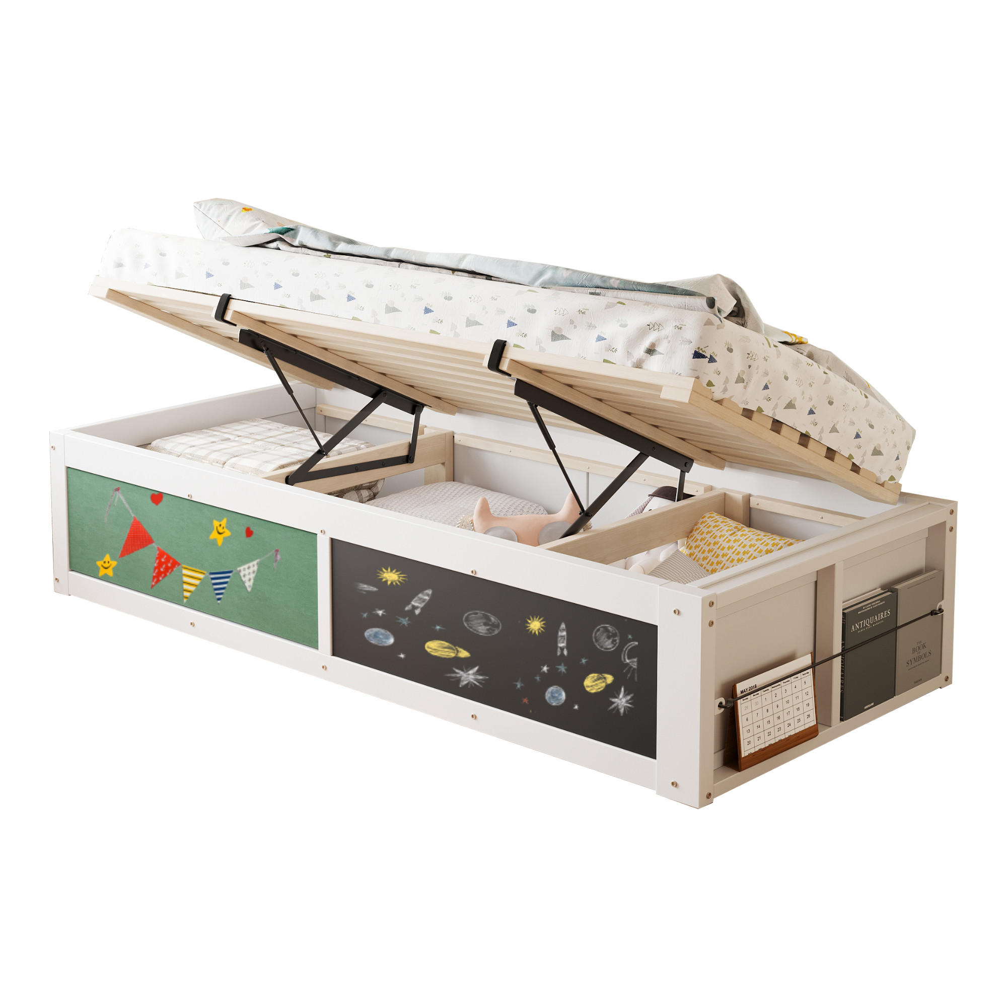 KINDERBETT 90/200 cm Weiß mit hydraulischem Stauraum und Kreidetafel - Weiß, Holzwerkstoff (90/200cm) - OKWISH