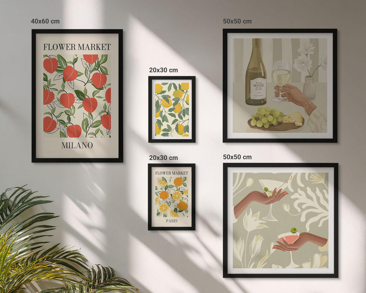 BILDER SET 5er Set - 50x50 cm & 20x30 cm & 40x60 cm Schwarzer Rahmen - Strandmotive, Muscheln, Wellen - Schwarz, Kunststoff (40/60cm) - TULUP