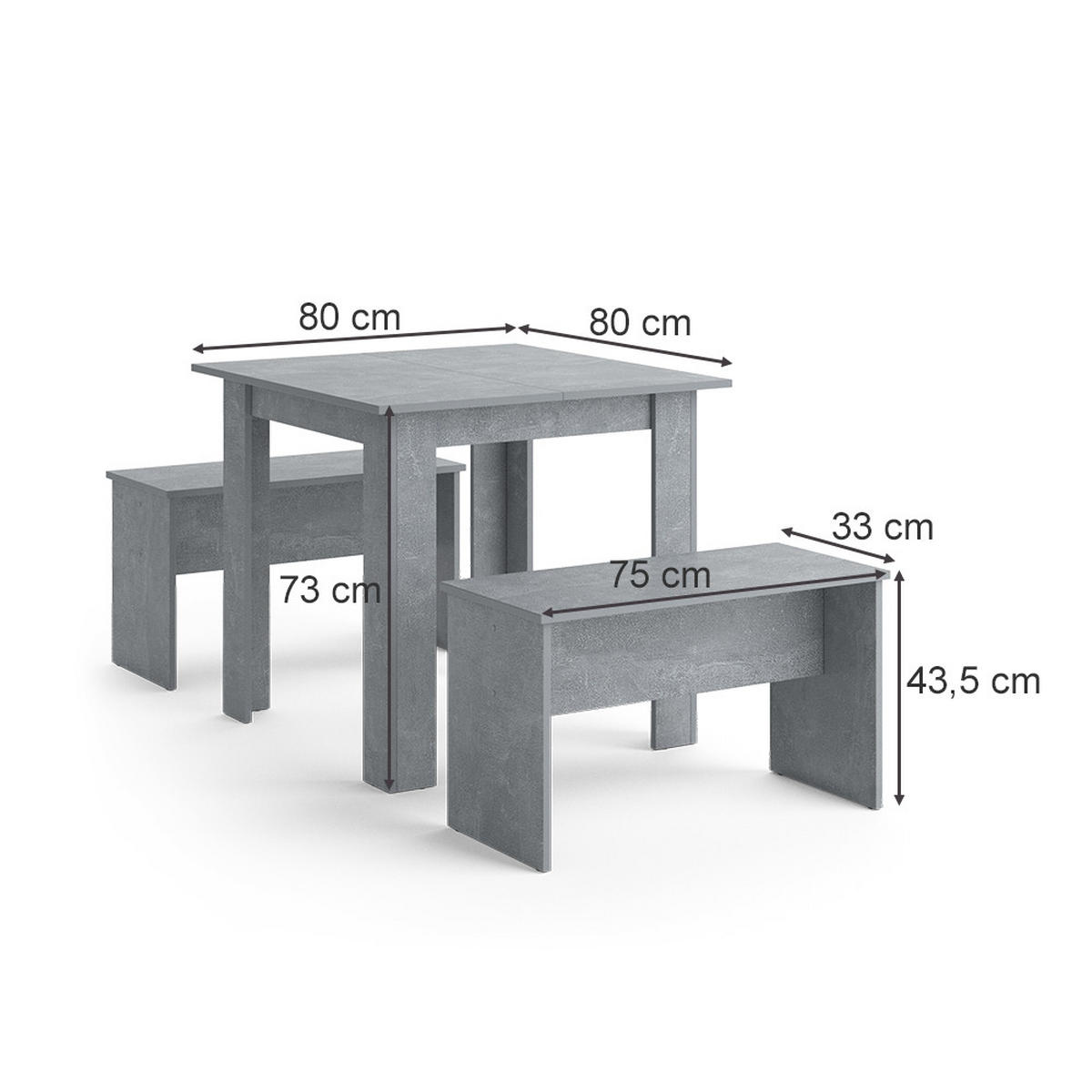 ESSTISCH SET Sentio Beton 80 x 80 cm mit 2 Bänken - Grau, Holzwerkstoff (80/73/80cm) - Vicco