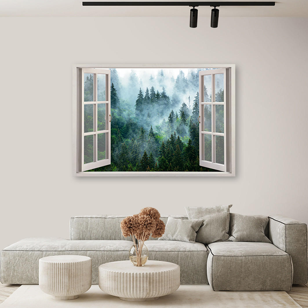 WANDBILD fensterblick wald im nebel natur - Grün, Textil (60/40cm) - Feeby