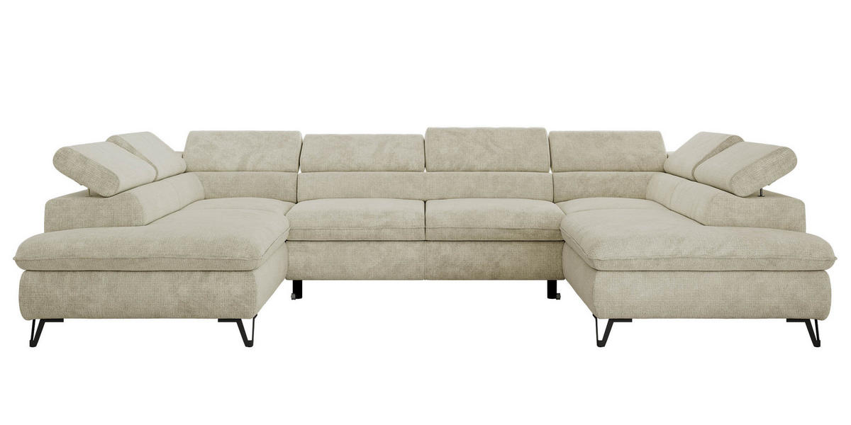 WOHNLANDSCHAFT PABLO U Schenille grob gewebt Creme mit Topper T25 - Creme/Schwarz, Textil/Metall (346/76/208cm) - MKS