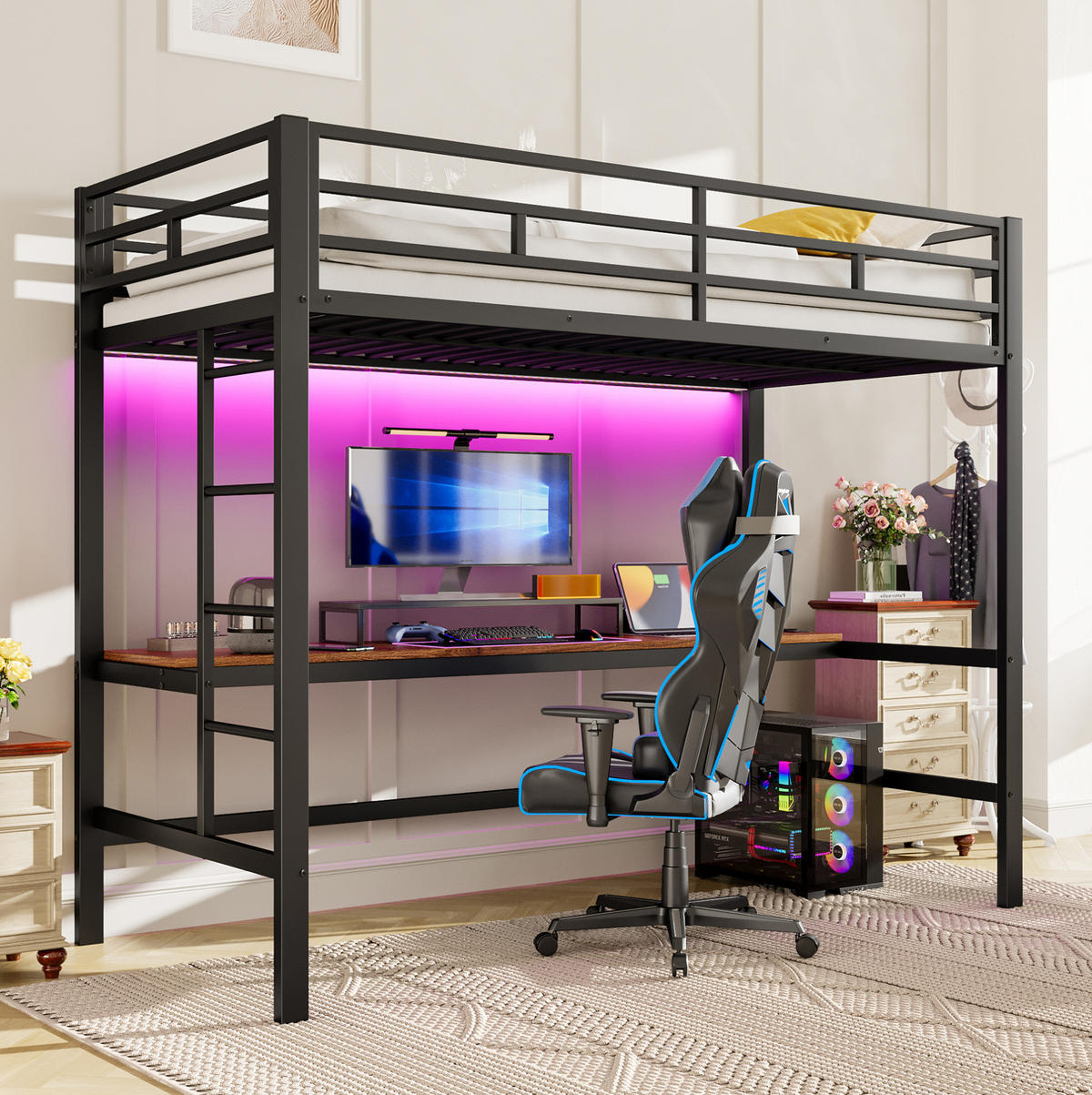 HOCHBETT 90/200 cm aus Metall und MDF mit Schreibtisch, LED-Lichtleiste und USB Schwarz - Schwarz, Metall (90/200cm) - Modenvie