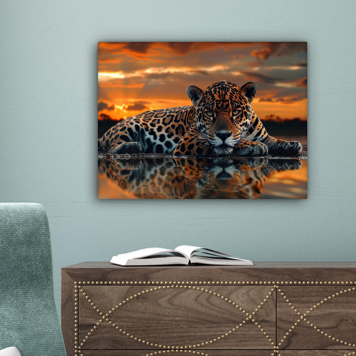 LEINWANDBILD Natur - Leopard - Tier - Sonnenuntergang - Modern 40x30 cm - Orange, Textil (40/30cm) - MuchoWow