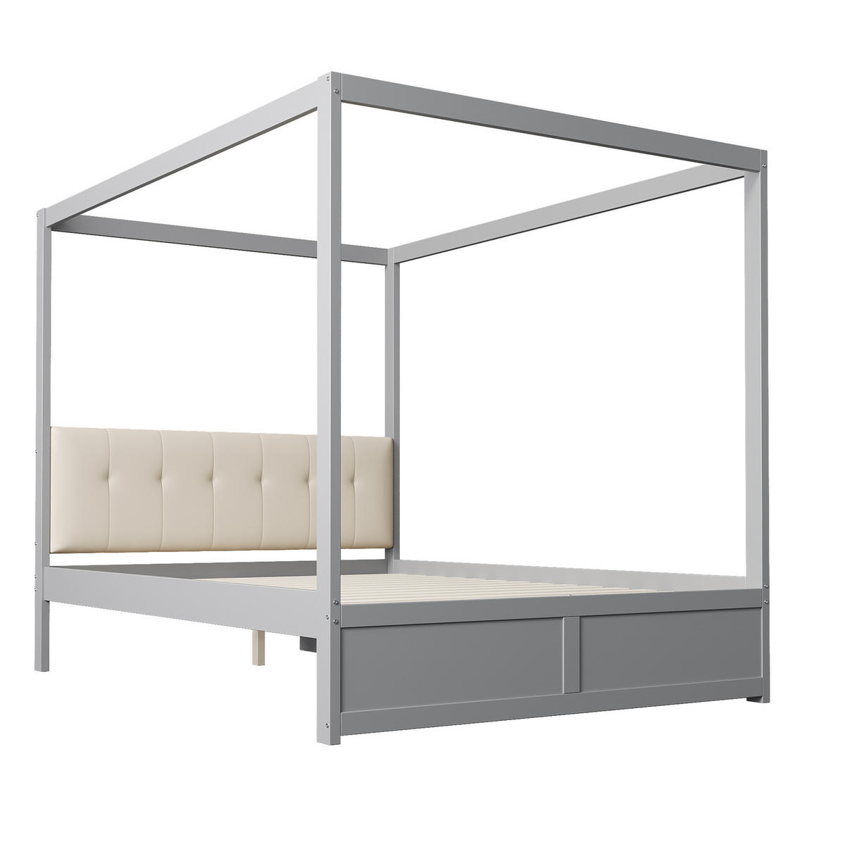 HIMMELBETT aus Holz 140x200 cm Weiß/Grau mit gepolsterter Rückenlehne und 2 Schubladen - Grau, Holzwerkstoff (140/200cm) - Modfu