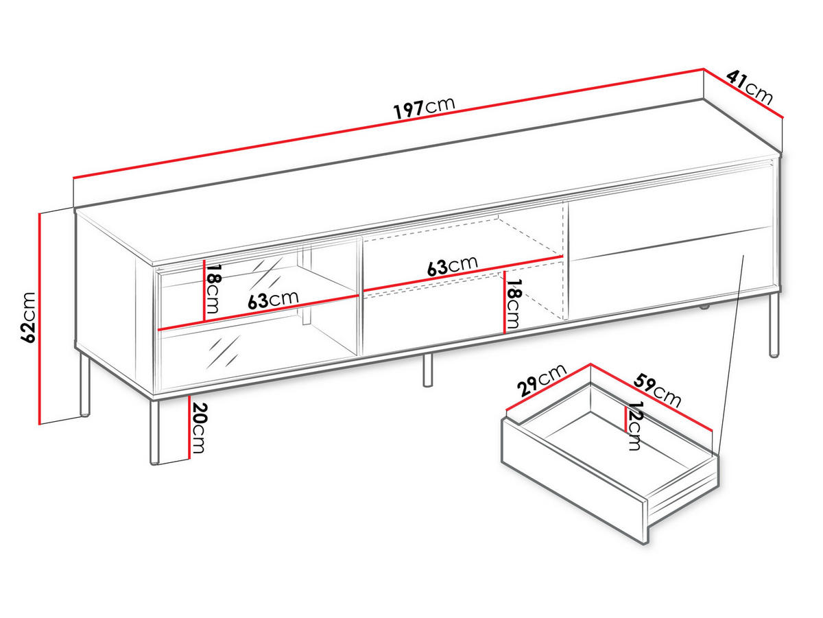 TV-LOWBOARD 1D1W2S 197 Visso VI-08 - Eichefarben/Schwarz, Holzwerkstoff/Metall (197/62/41cm) - MIRJAN24