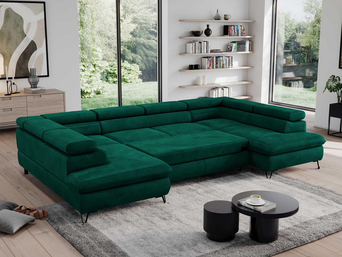 WOHNLANDSCHAFT PEDRO U Velvet Grün - Schwarz/Grün, Textil/Metall (346/76/208cm) - MKS